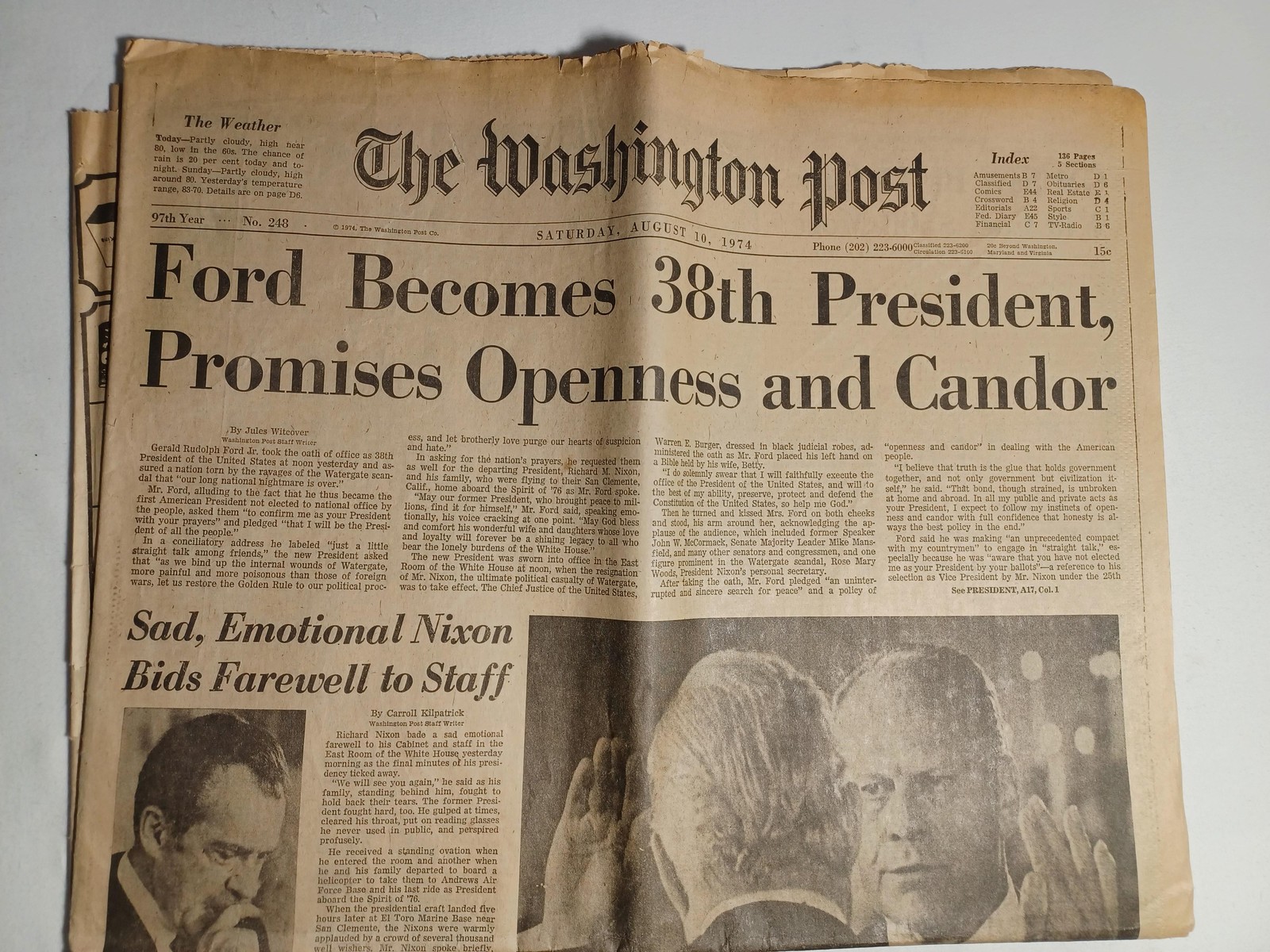 Vintage Washington Post Aug 10 1974 Ford Becomes 38th President Nixon Newspaper