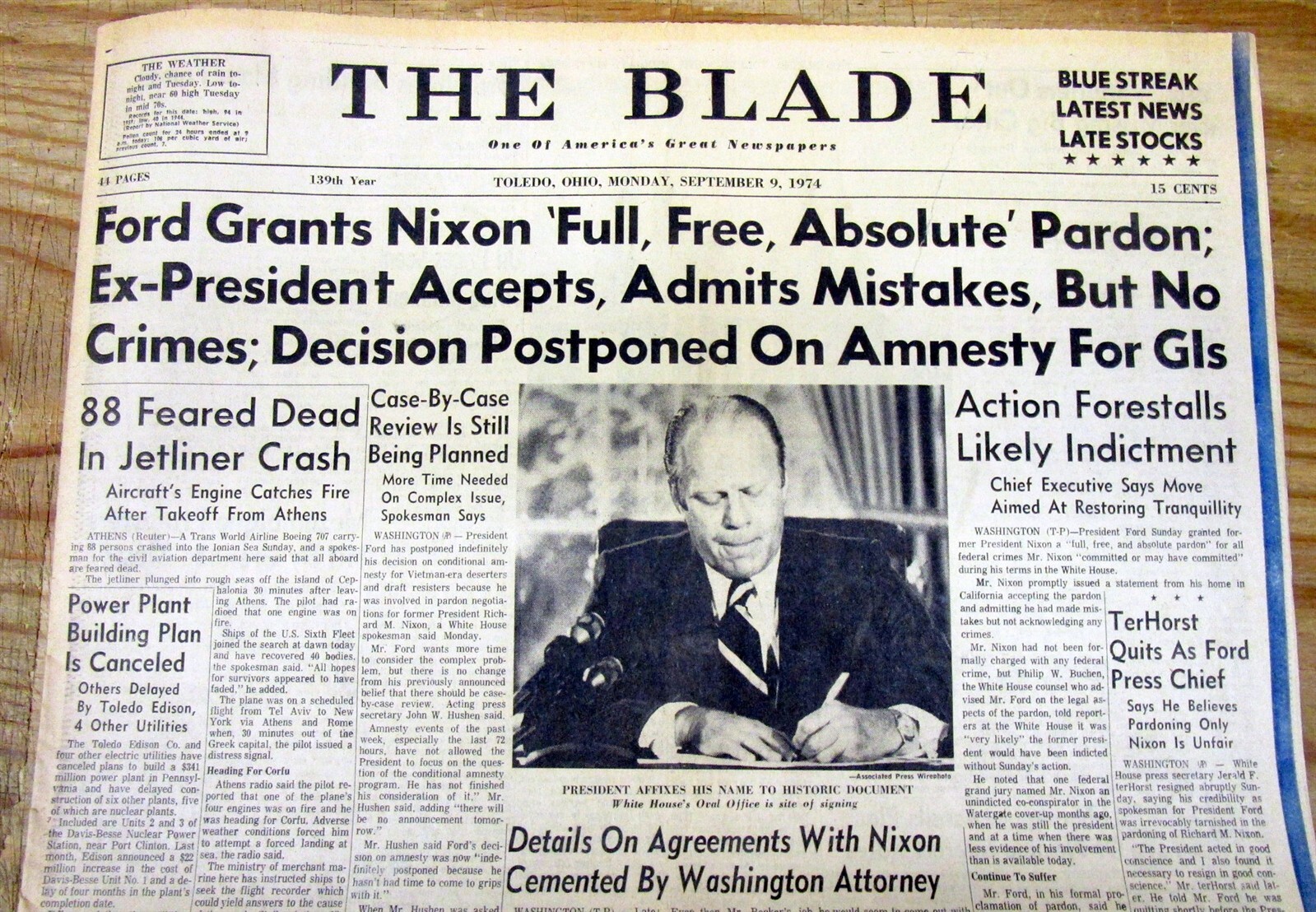 2 1974 headline newspapers RICHARD NIXON RESIGNS & IS PARDONED by PRESIDENT FORD