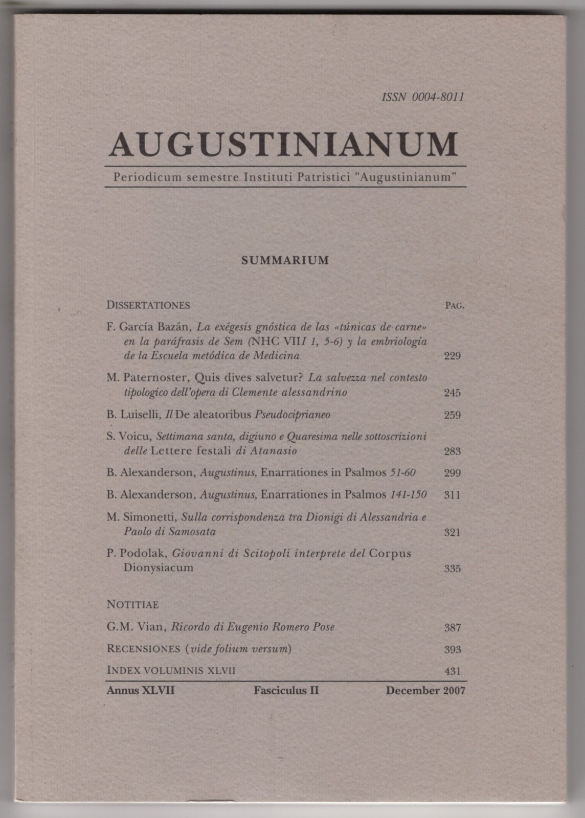 AUGUSTINIANUM – N 2 , DECEMBER – 2007