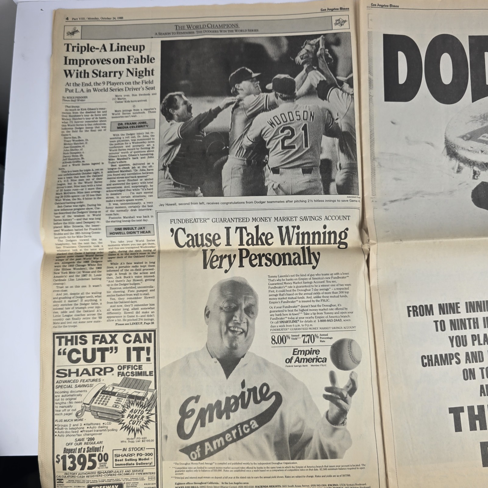 1988 Los Angeles Dodgers World Series Champions Newspaper