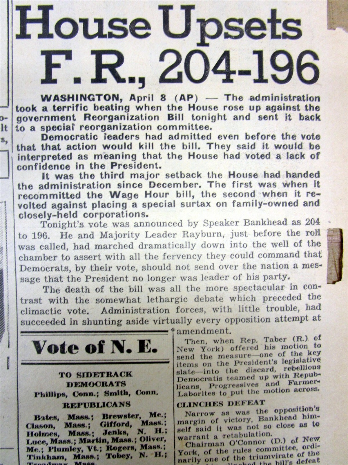 1938 newspaper FRANKLIN D ROOSEVELT “DICTATOR” BILL fails to pass in US Congress