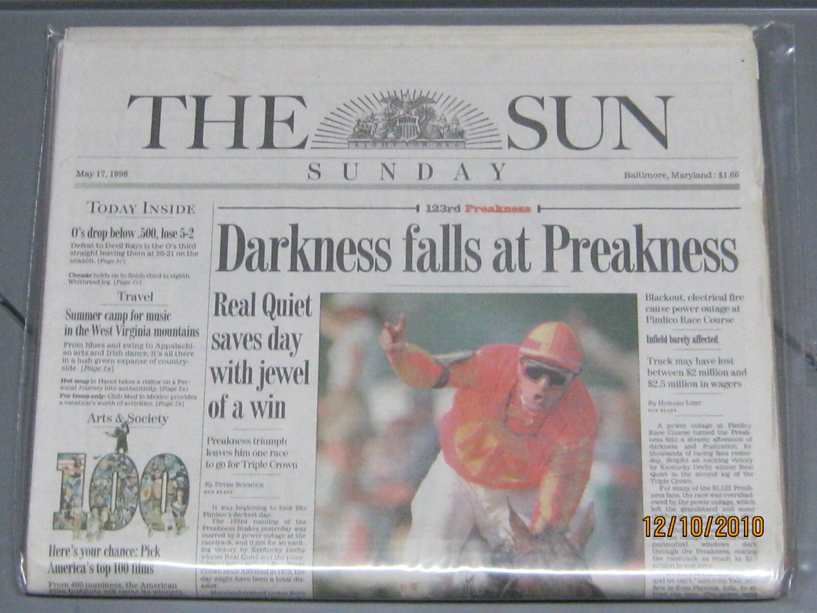 123rd Preakness – Real Quiet Collectible Newspaper