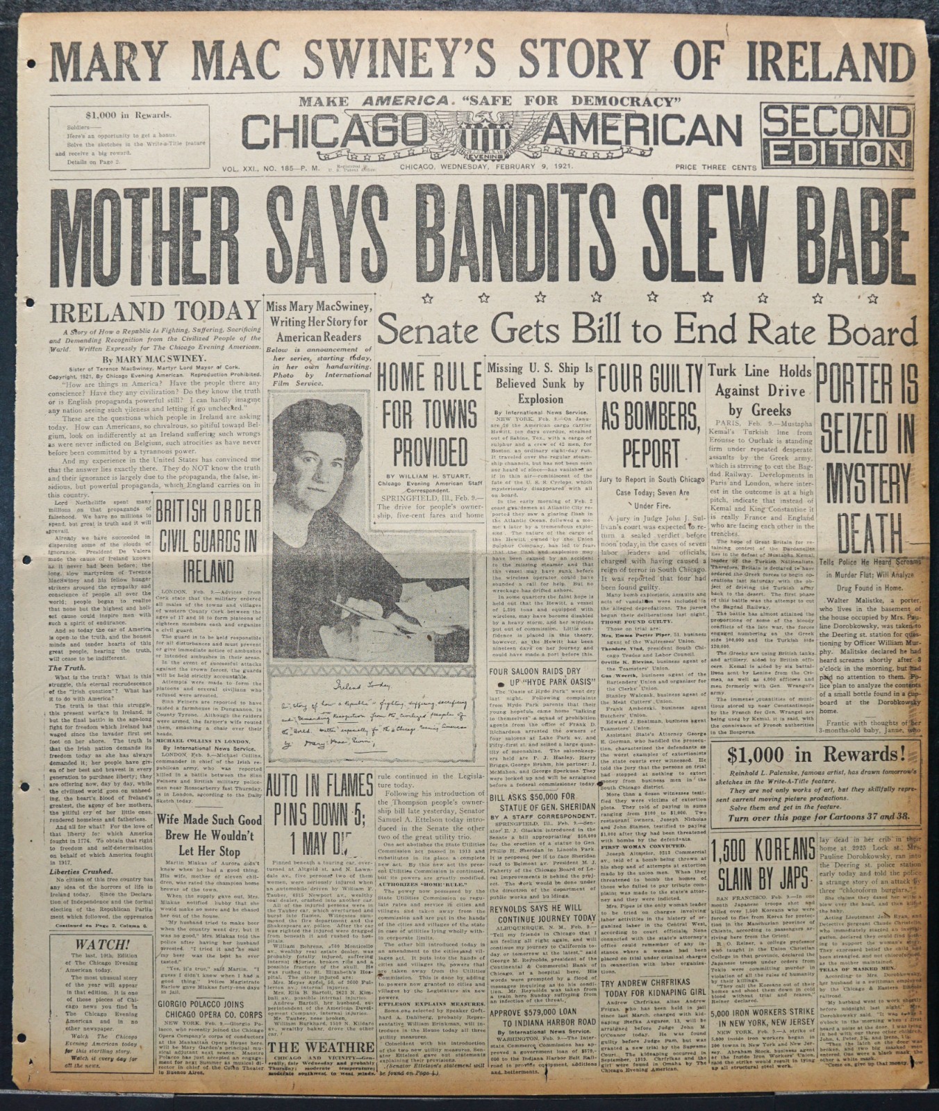 1921 Chicago Newspaper Collection – Mary MacSwiney Writes “Ireland of Today”