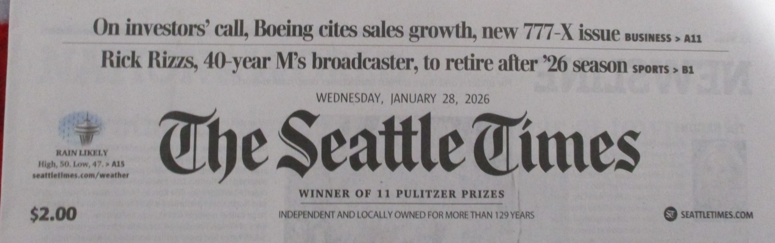 SEATTLE MARINERS 1/28/2026 NEWSPAPER RICK RIZZS ANOUNCER RETIREMENT HOLY SMOKES!
