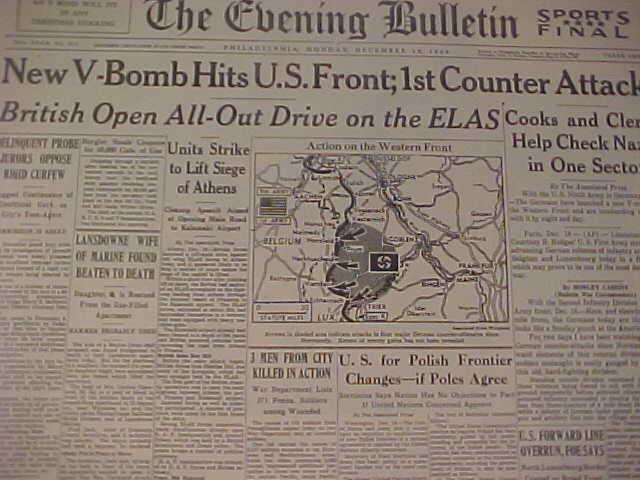VINTAGE NEWSPAPER HEADLINE ~WORLD WAR 2 HITLER V-BOMB ATTACK U.S. ARMY WWII 1944
