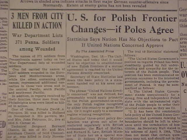 VINTAGE NEWSPAPER HEADLINE ~WORLD WAR 2 HITLER V-BOMB ATTACK U.S. ARMY WWII 1944