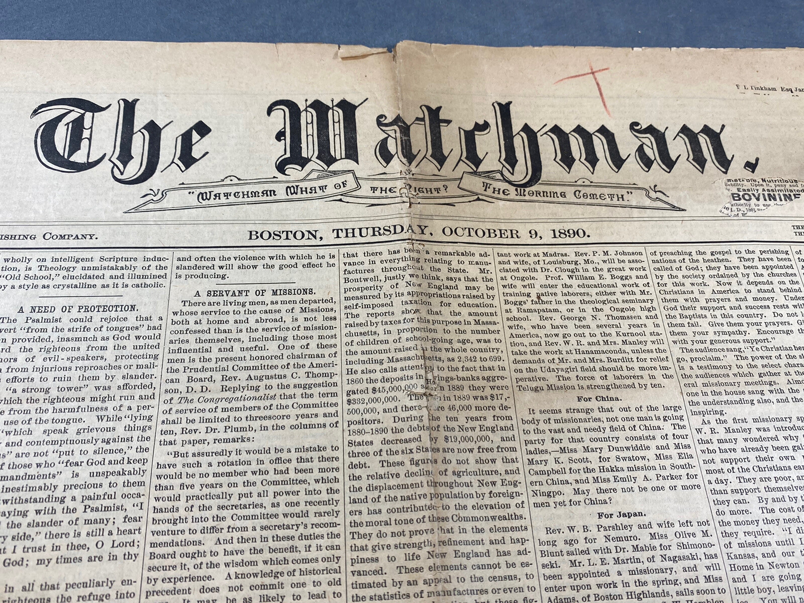 1890 Boston Newspaper “The Watchman” Many Interesting Ads & Articles, Catholic