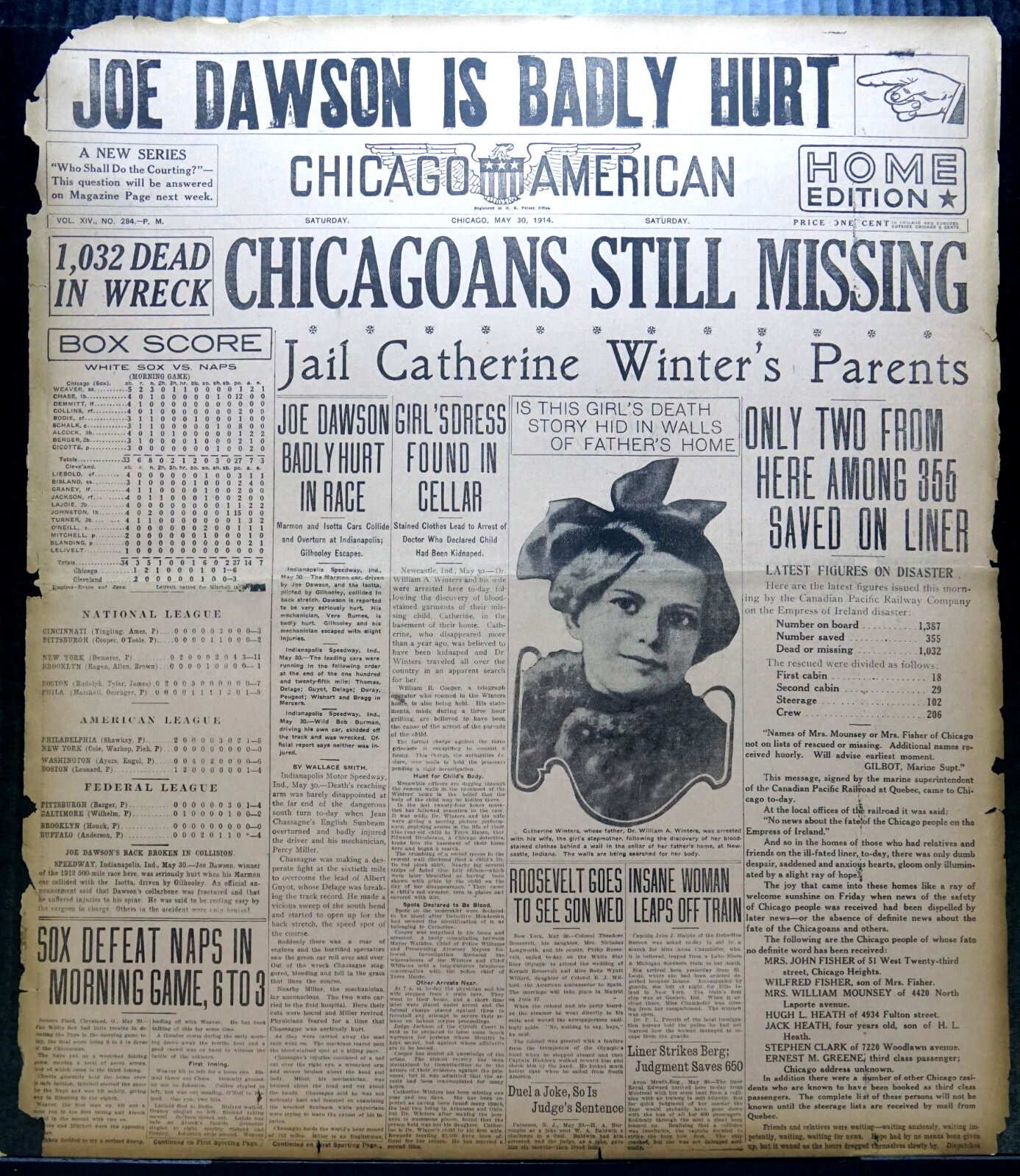 1914 Newspaper Pages – Indy 500 Joe Dawson Hurt, Empress of Ireland Sinking
