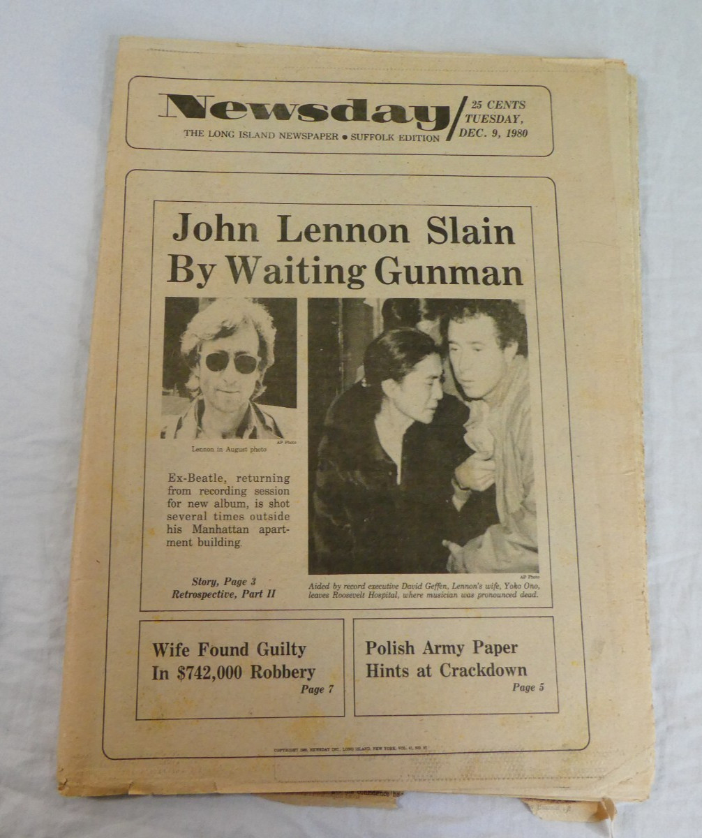 John Lennon Slain By Waiting Gunman Long Island Newspaper Dec 9 1980 Suffolk EDN