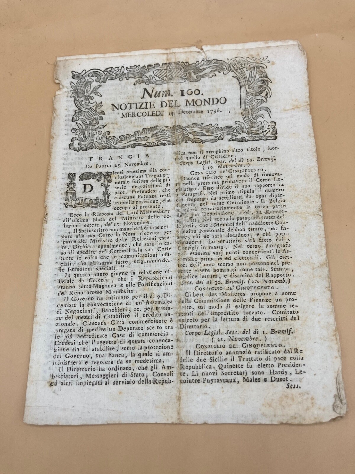 1796 Original Newspaper “Notizie dal Mondo” w/ article on the Directory