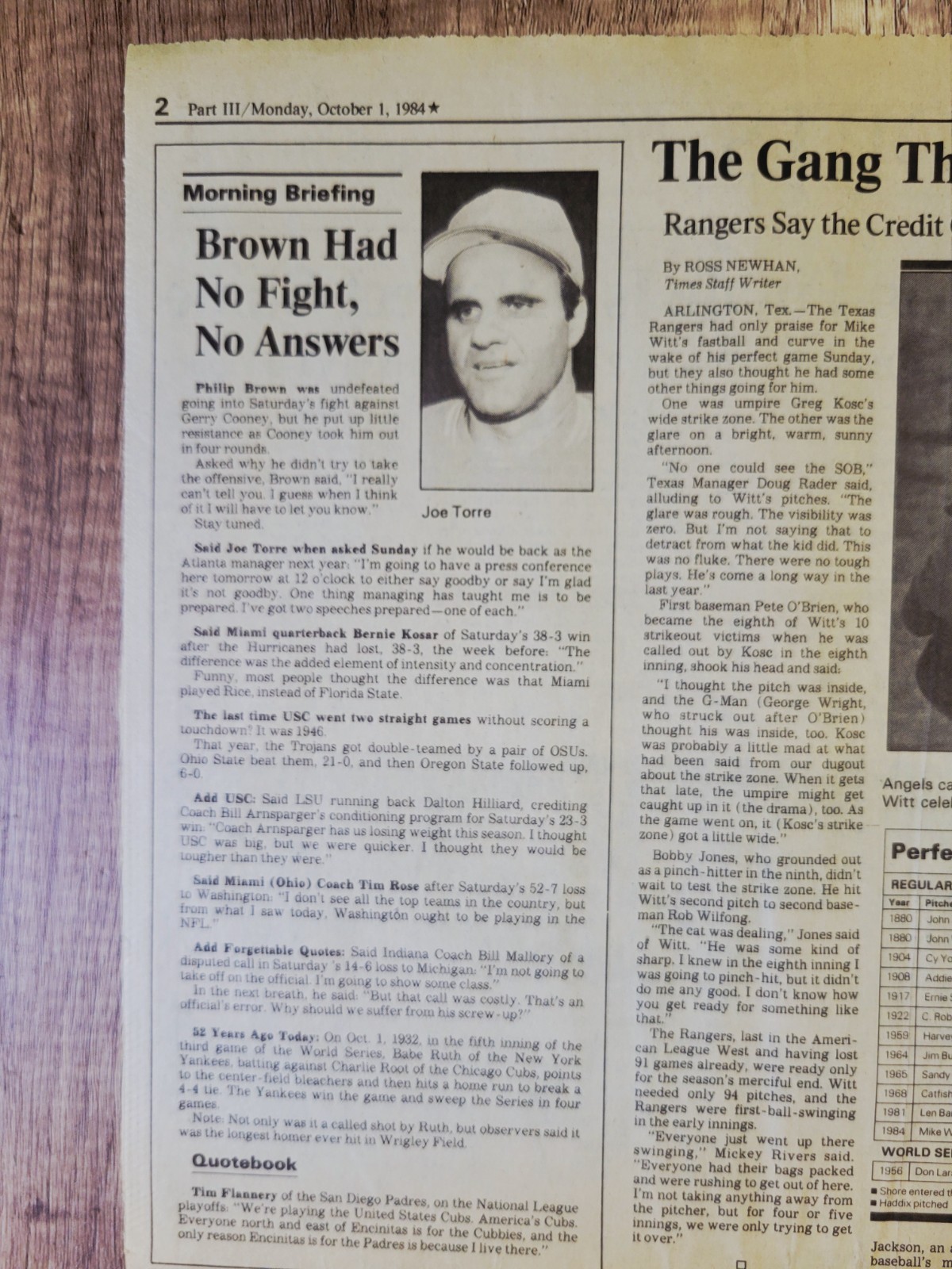 1984 Oct 1: LA Los Angeles Times Sports MLB Angels Mike Witt Throws Perfect Game