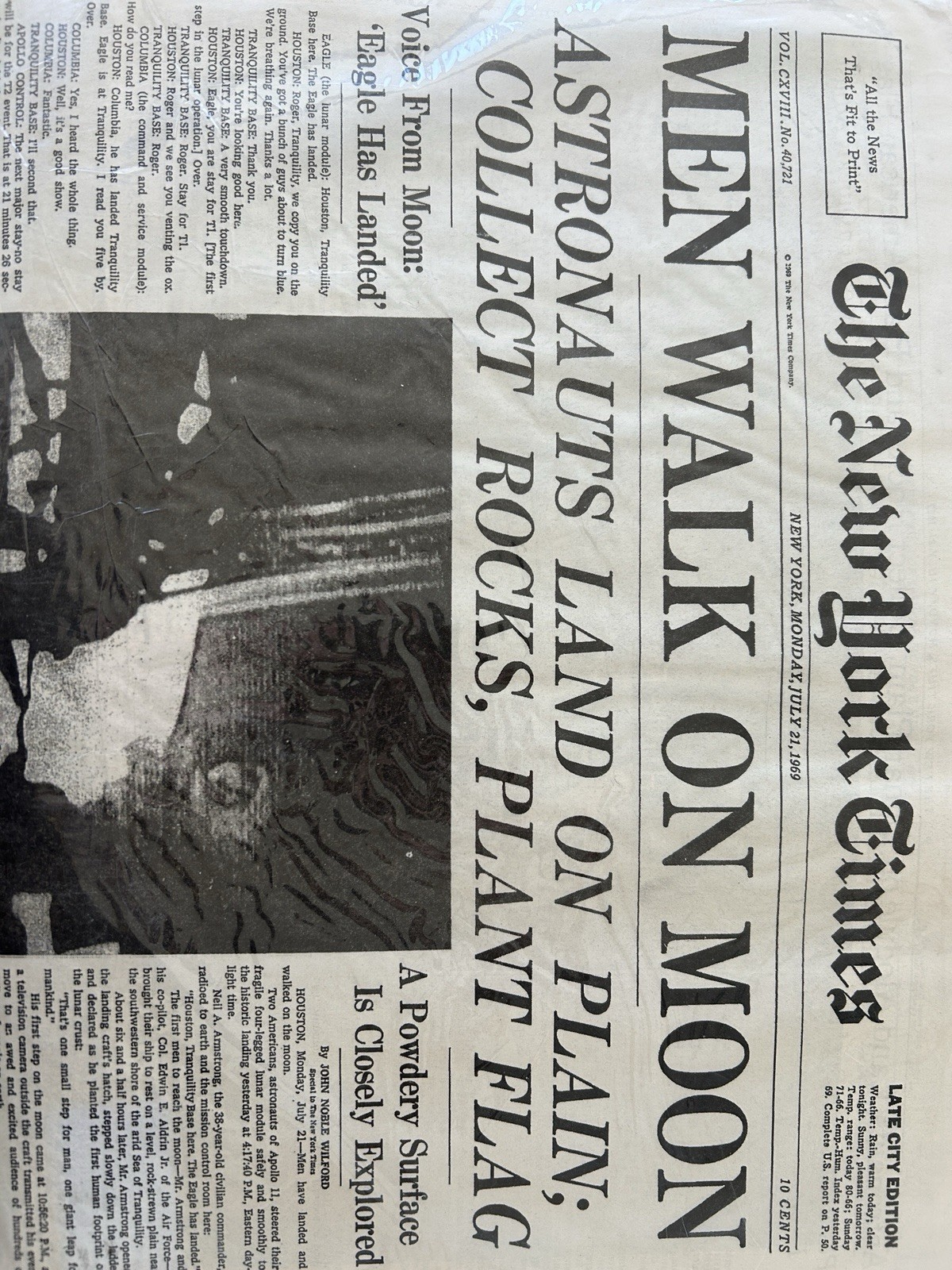 Old Newspaper, New York Times Men Walk On The Moon Excellent Condition