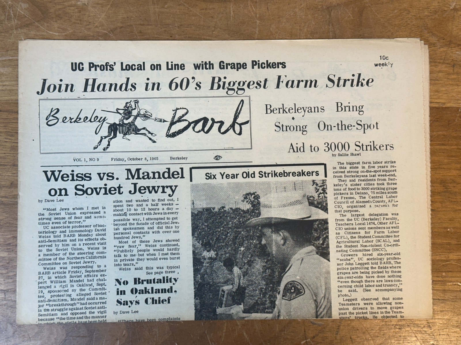 RARE Berkeley Barb Vol 1 No 9 1965 Farm Strike Underground Newspaper Berkeley