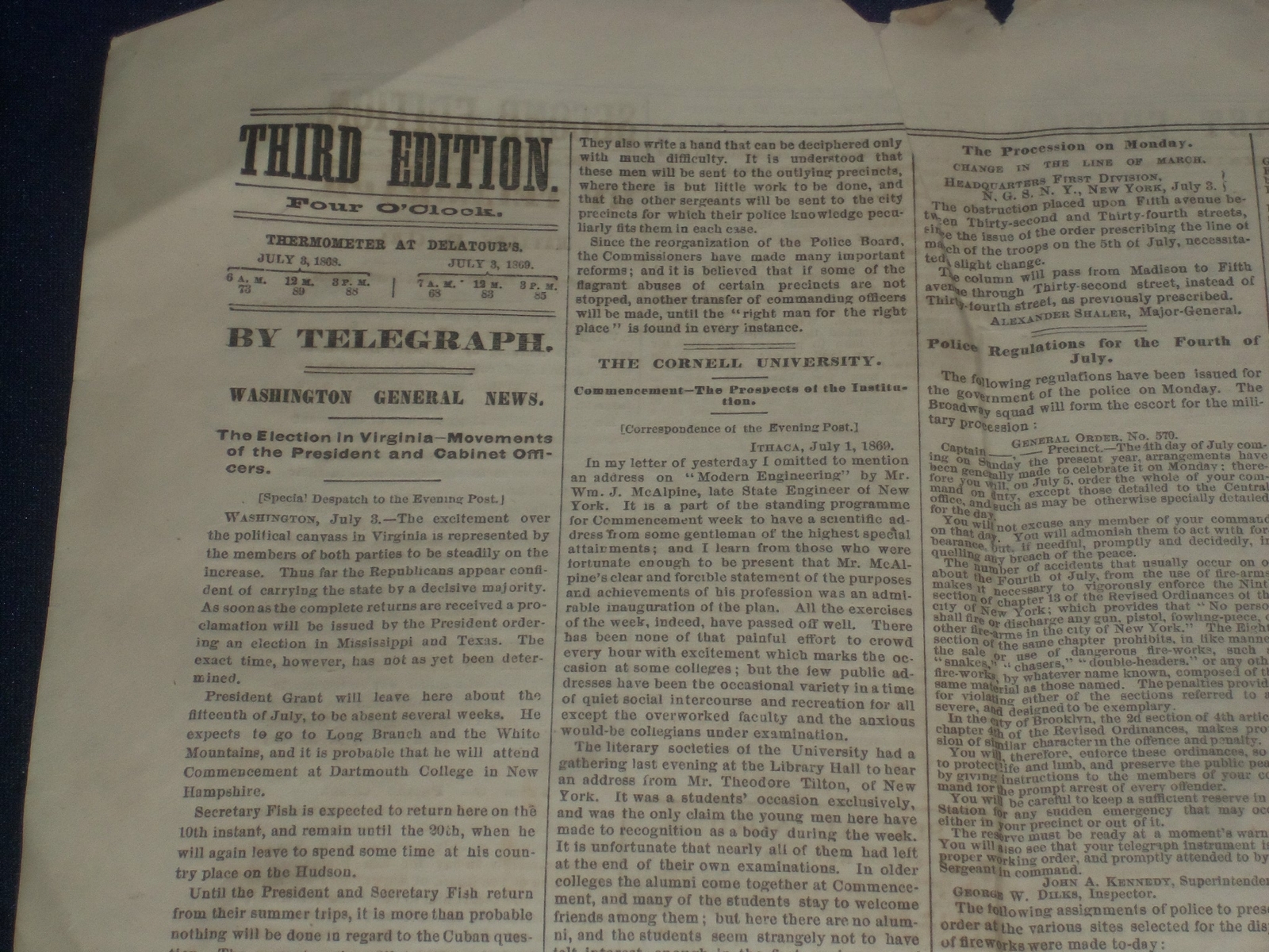 1869 JULY 3 THE SATURDAY EVENING POST NEWSPAPER – CORNELL UNIVERSITY – NP 5054