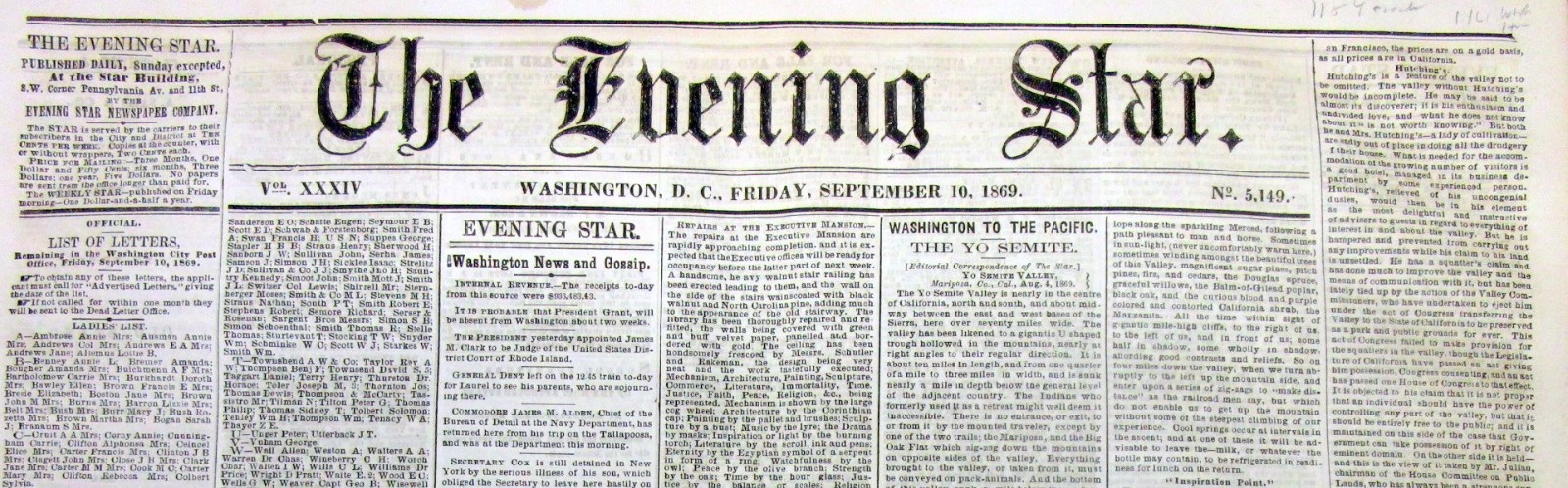 1869 newspaper w DETAILED REPORT of an early TRIP to YOSEMITE VALLEY California