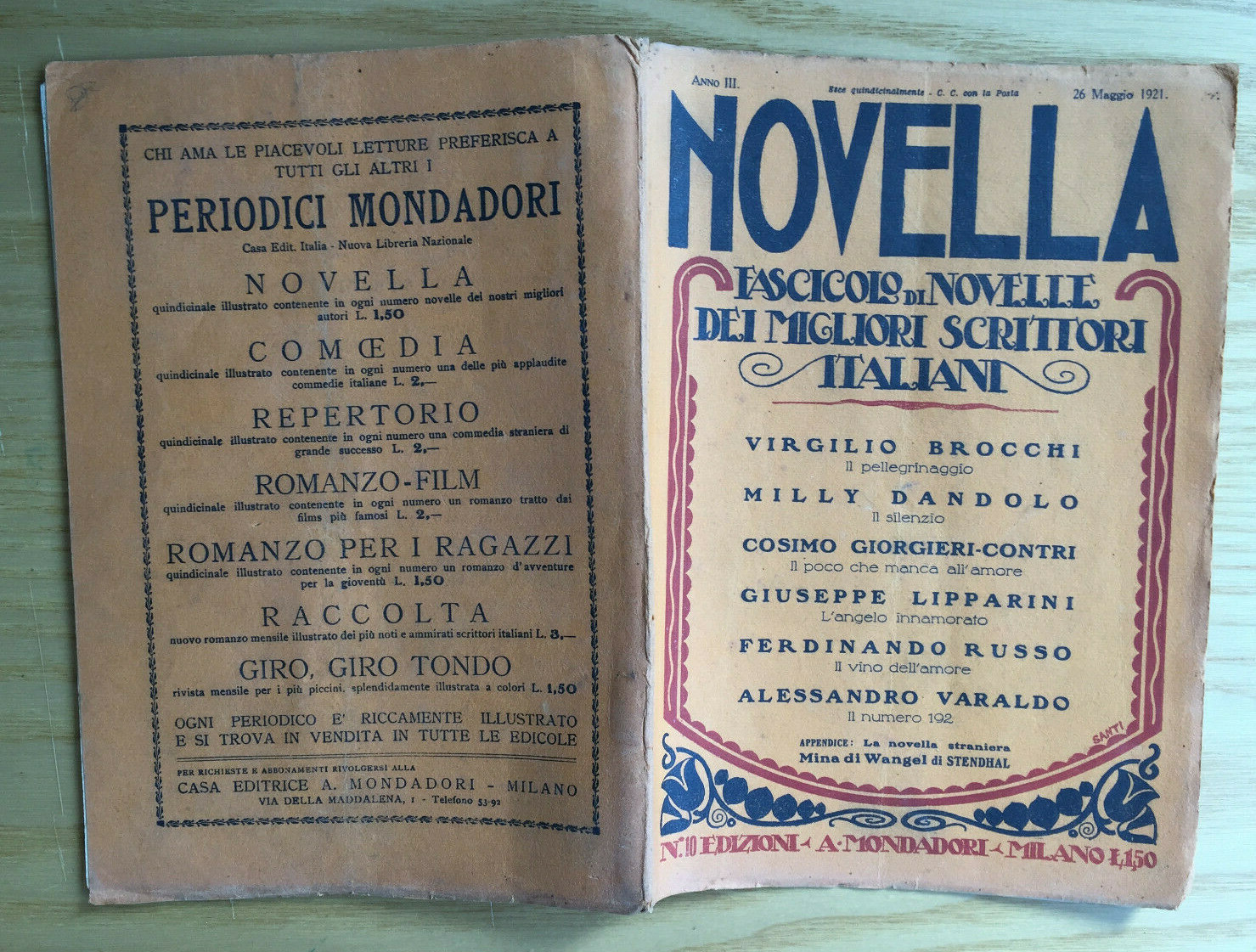 MONDADORI NOVELLA PERIODICAL ITALIAN WRITERS N° 10 1921 A. VARALDO V. BROCCHI