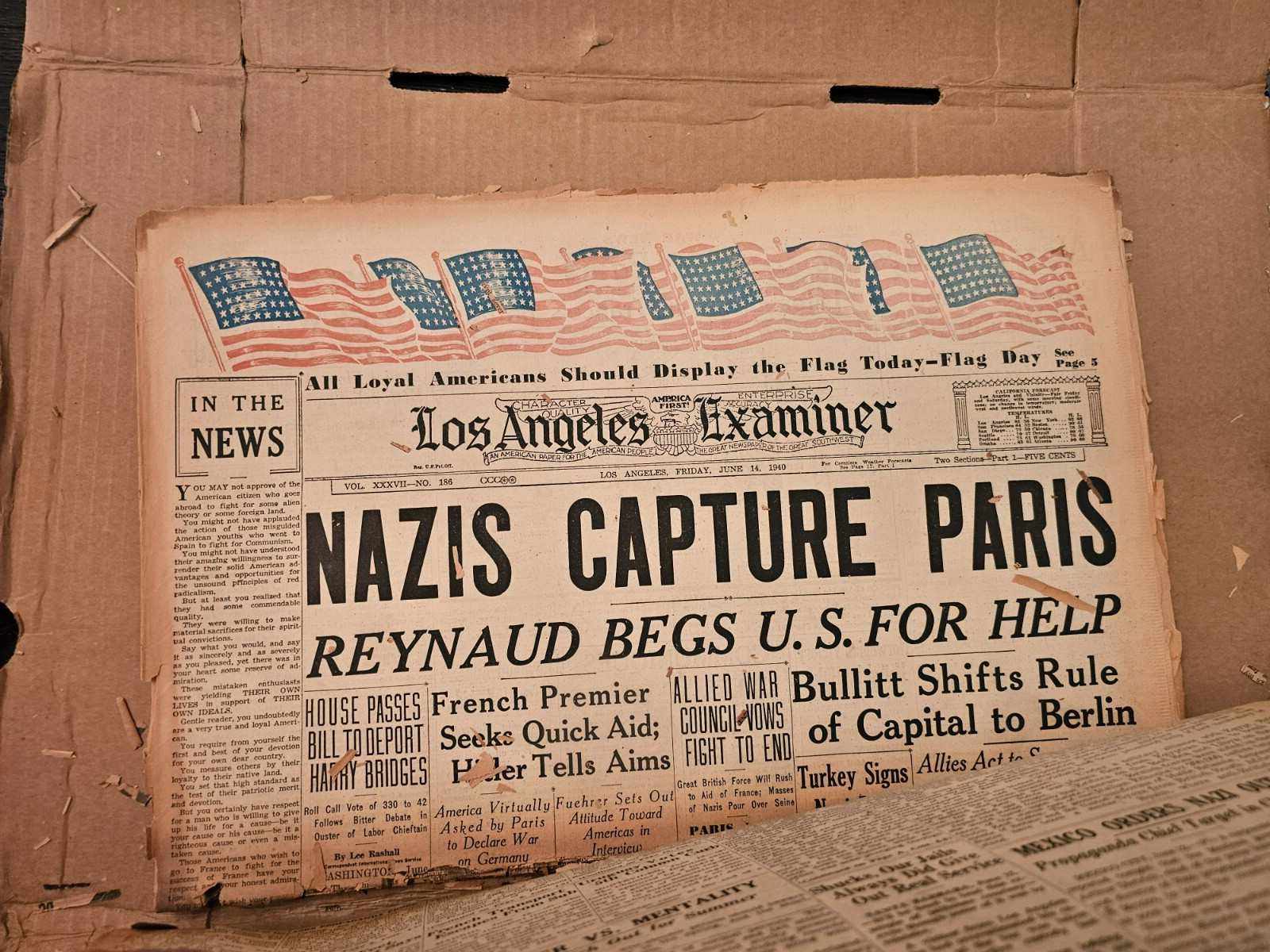 8 Los Angeles Examiner papers June 9-16 1940 Fragile but all here Huge week