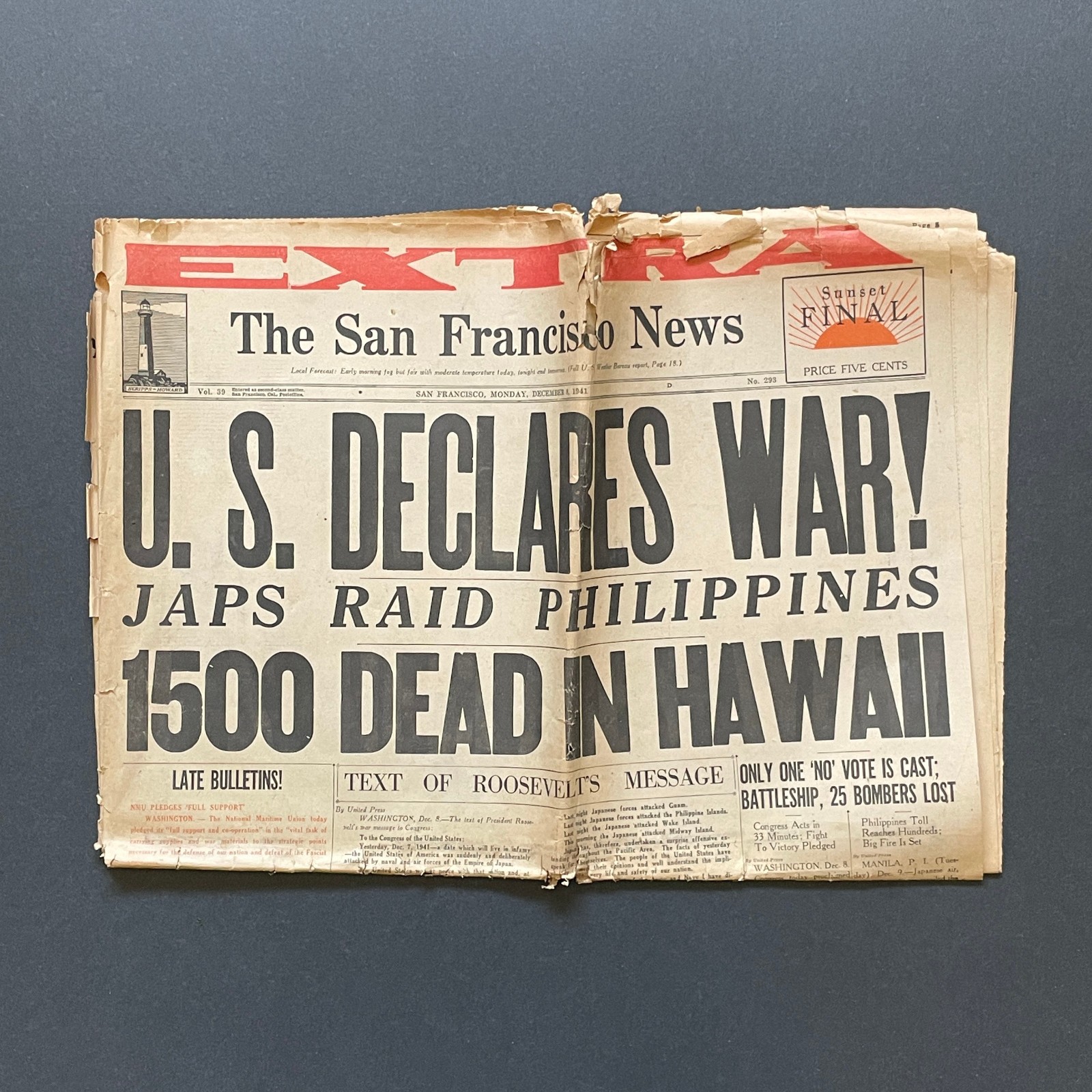 ORIGINAL Dec 8 1941 San Francisco News Newspaper • Japan Attacks Pearl Harbor