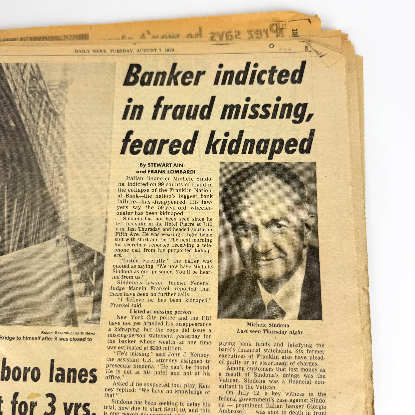 Vintage Sicilian Mafia New York Mafia Newspaper Michele Sindona Faked Kidnapping