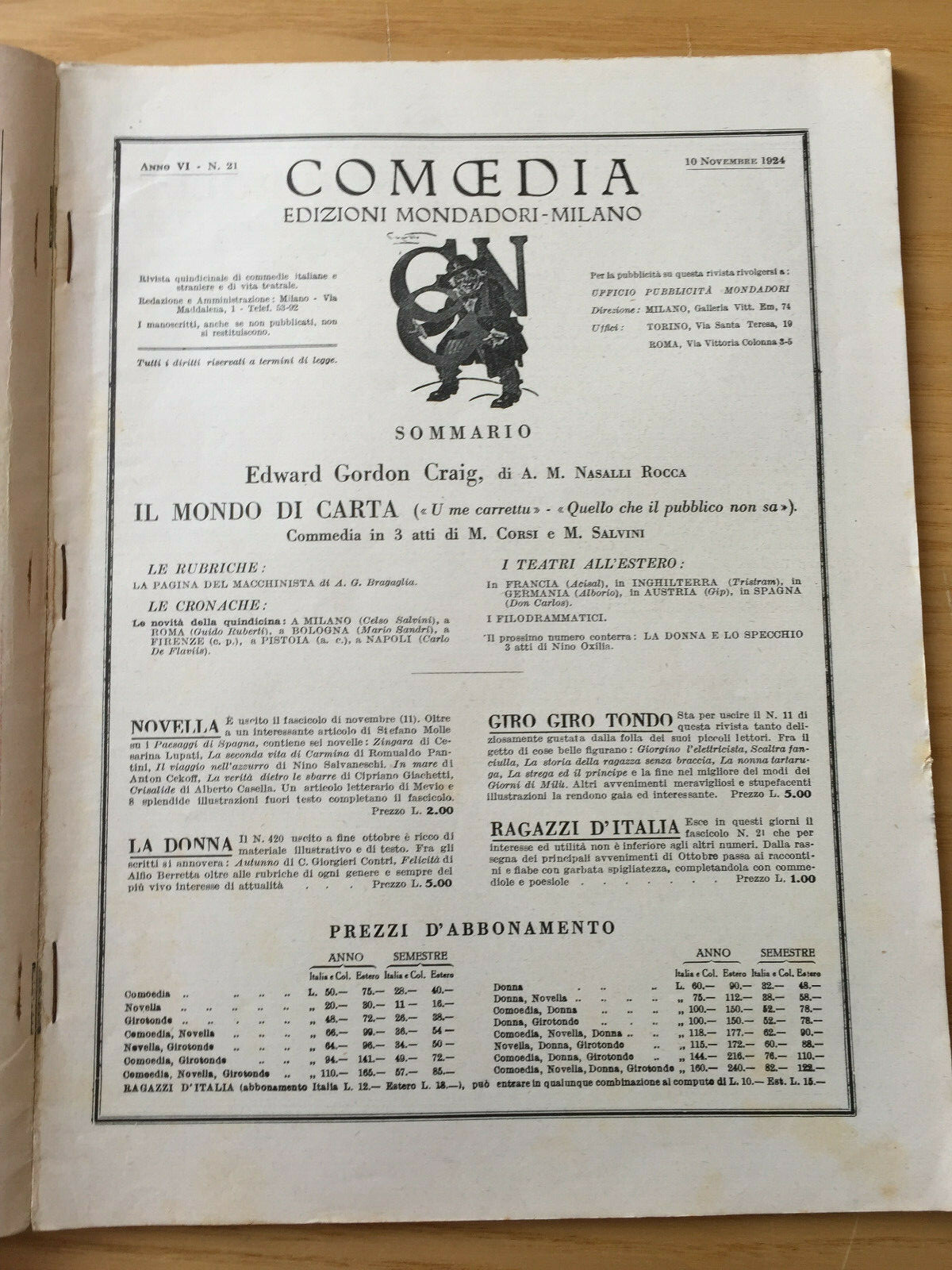 MONDADORI COMEDY PERIODICO COMEDY AND THEATRE LIFE NO. 21 1924 NASALLI ROCCA