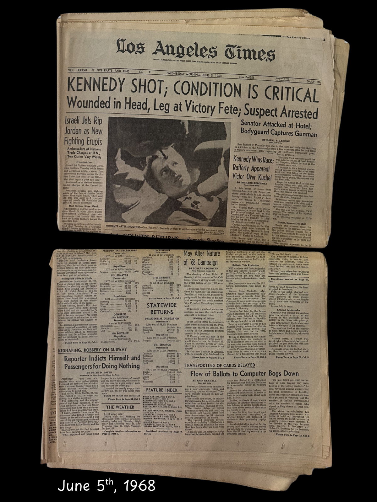 VINTAGE Robert Kennedy RFK COMPLETE Newspapers June 5-7 1968 Collectible