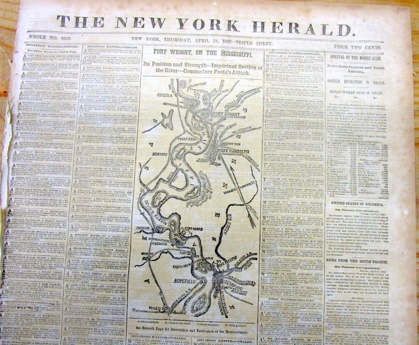 1862 Civil War newspaper w detailed MAP of MEMPHIS Tennessee & Mississippi River