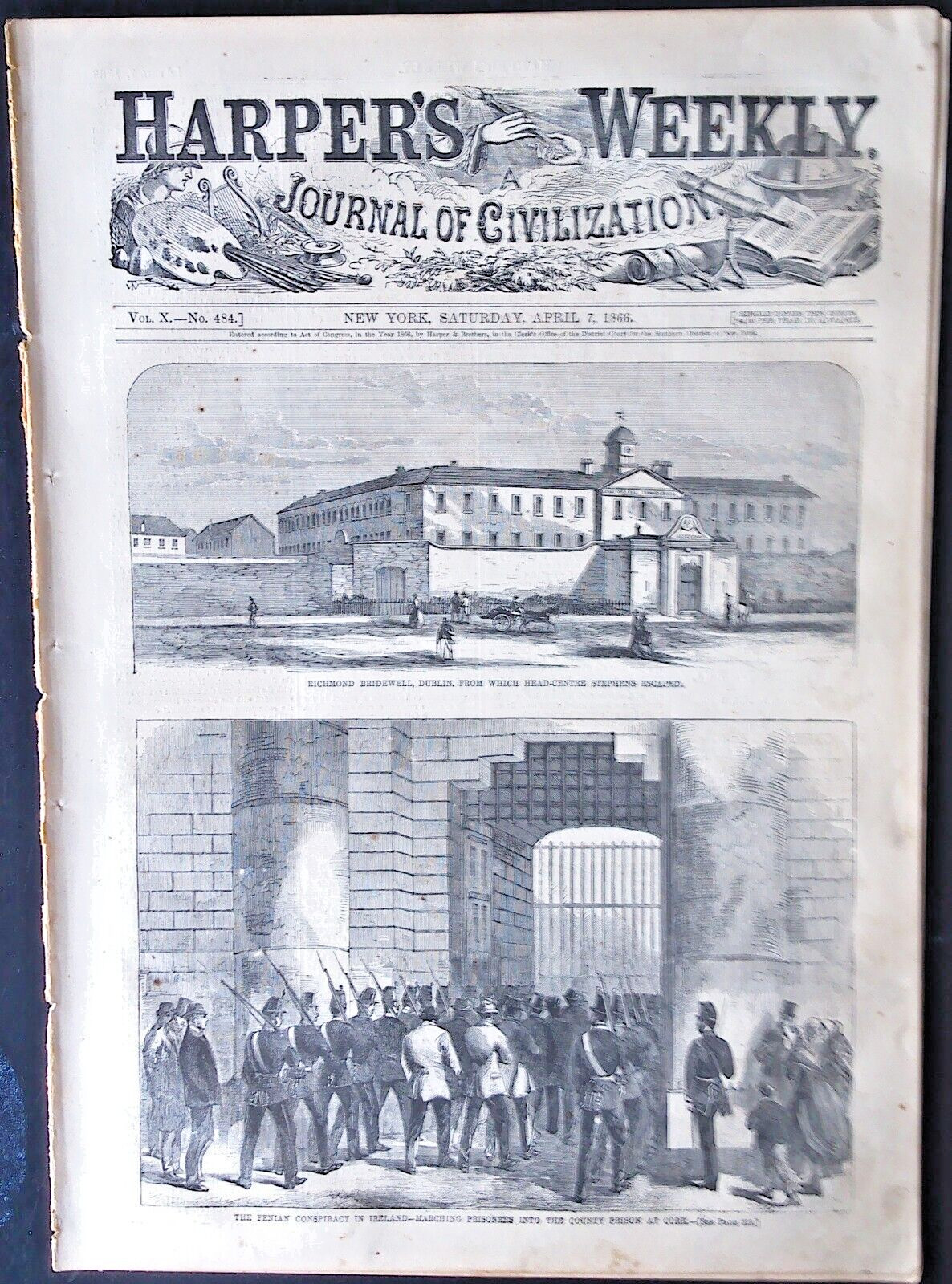 HARPER’S WEEKLY4-7-1866 Complete Issue -Ireland/Santorin/Paris Fashions & More
