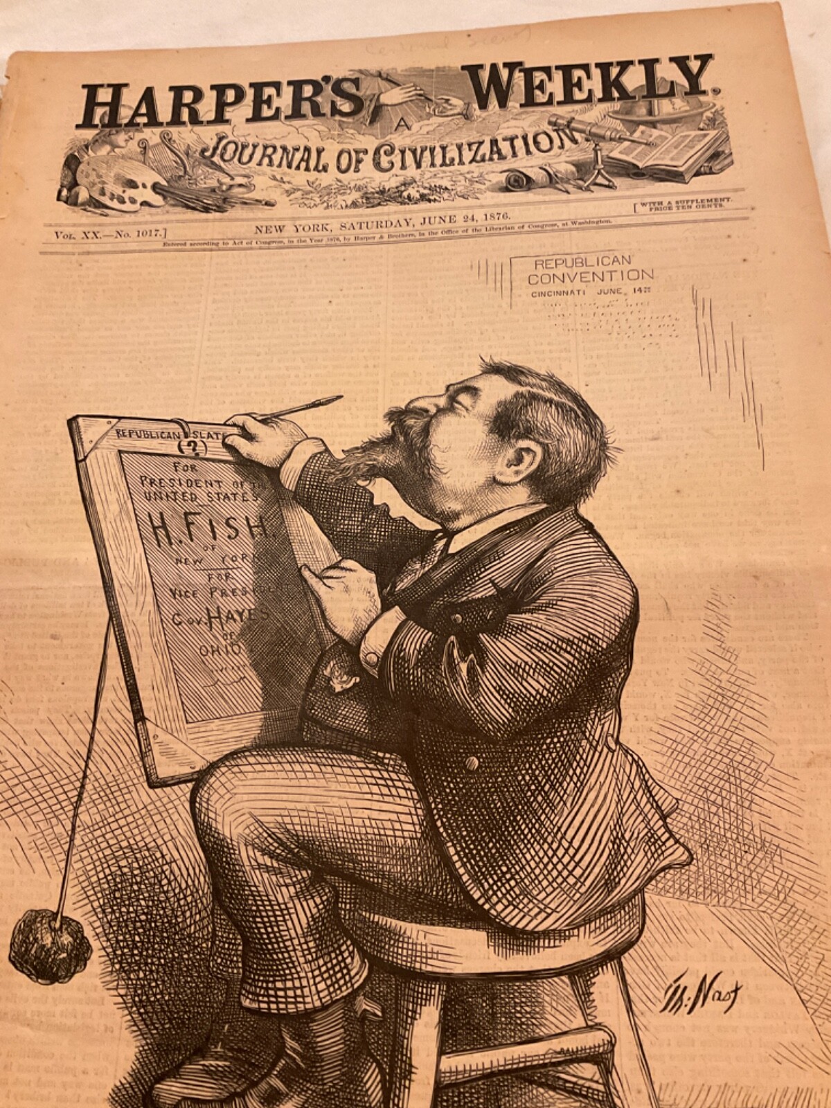 619 THOMAS NASH COVER SELF PORTRAIT ILLUS HARPERS WEEKLY 1876 CENTENNIAL POLITIC