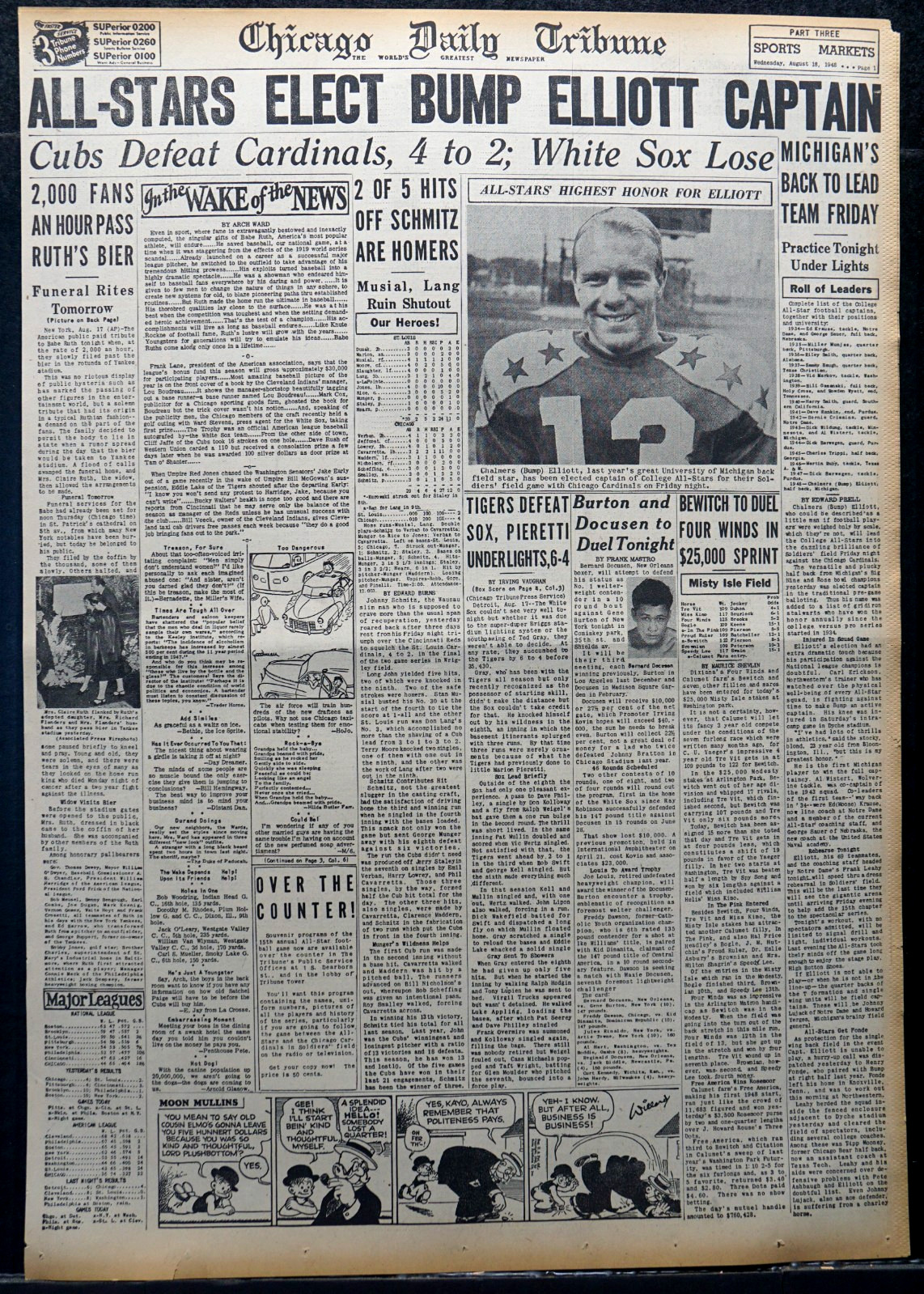 1948 Chicago Sports Page – Bump Elliott All-Star Captain, Babe Ruth Funeral