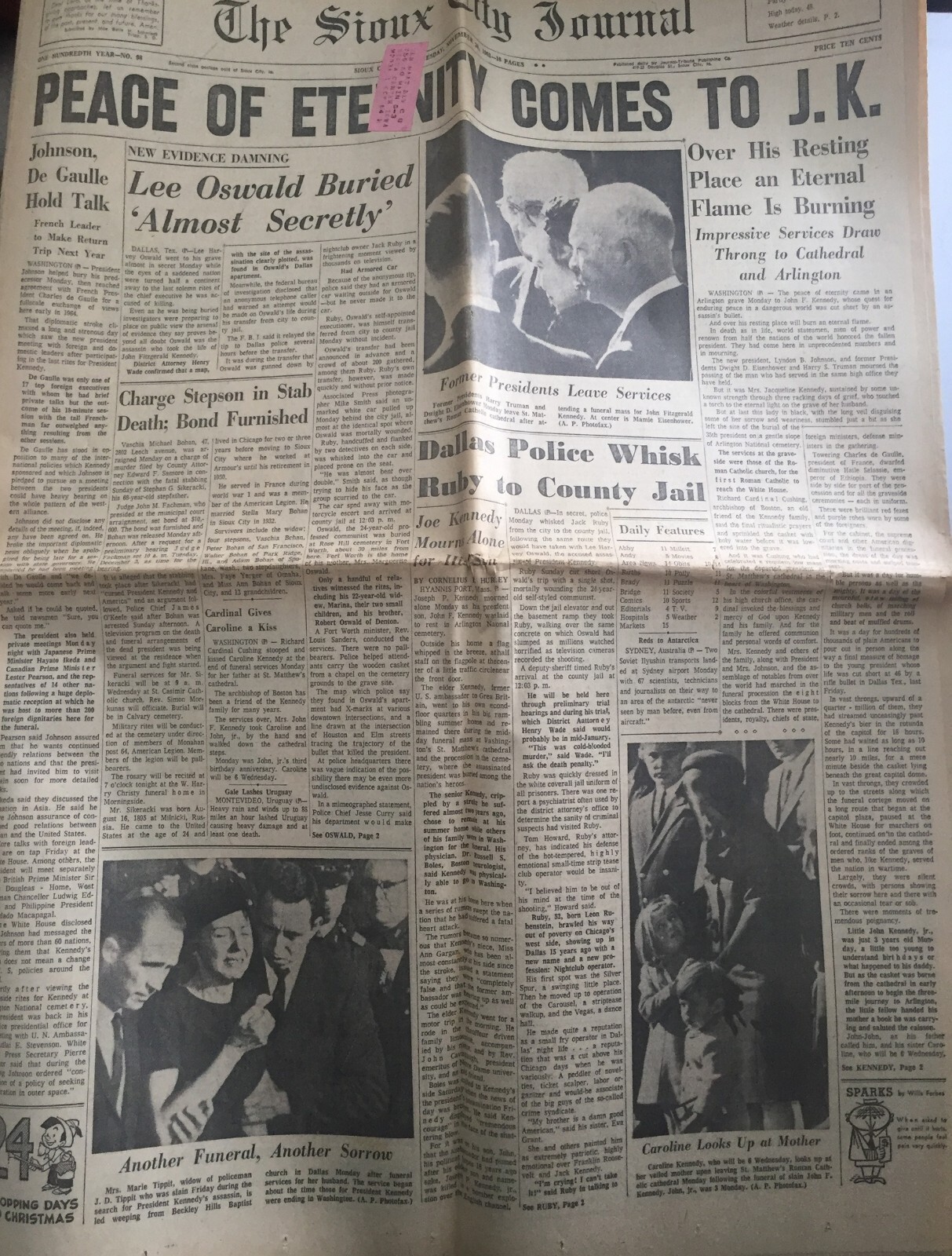 THE SIOUX CITY JOURNAL NOVEMBER 26 1963 PEACE OF ETEEITY COMES TO J.K.