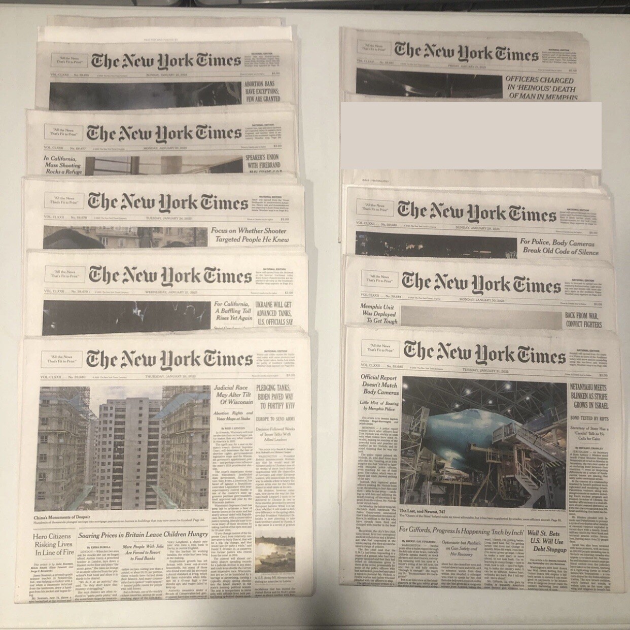New York Times 9 Used Newspapers Lot – Jan 22 23 24 25 26 27, 29 30 31, 2023
