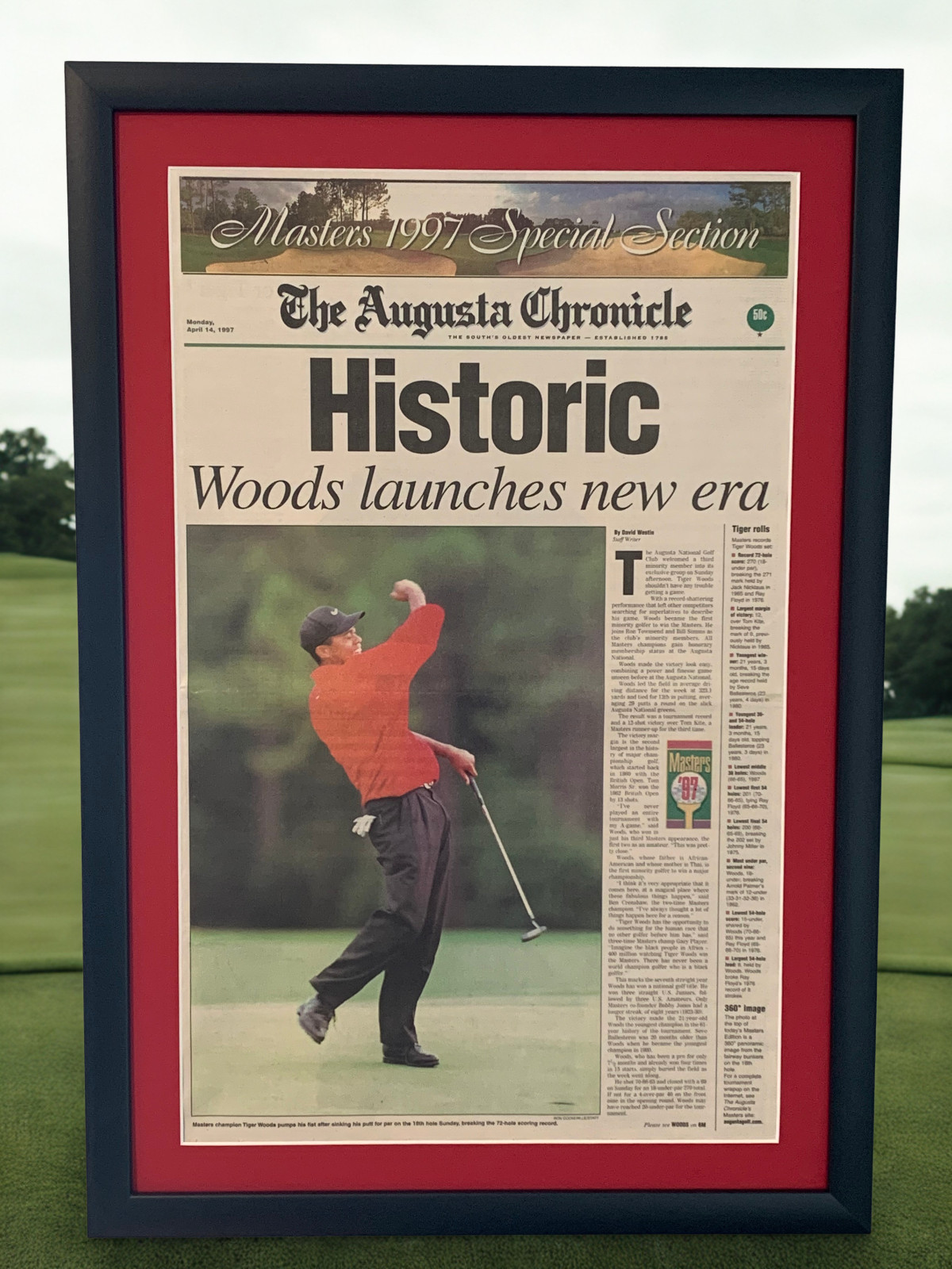 Framed 1997 Masters Golf Tournament Augusta Chronicle Newspaper 4/14/97