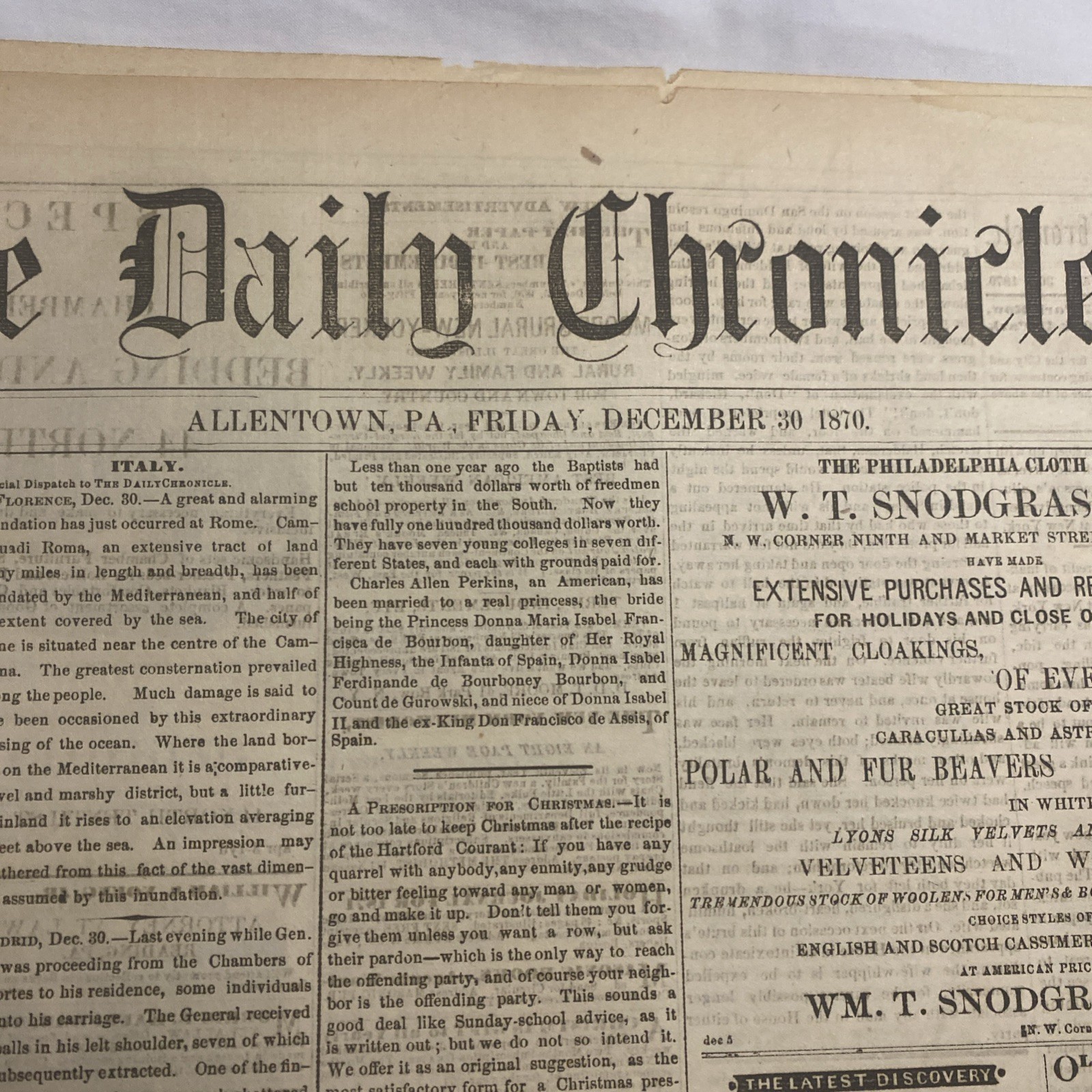 The Daily Chronicle Newspaper ~ Allentown PA, December 30, 1870