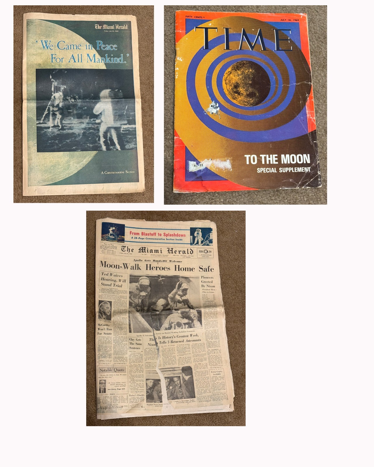 Apollo 11 1969 Newspaper & TIME Magazine Lot – Miami Herald Moon Landing Set