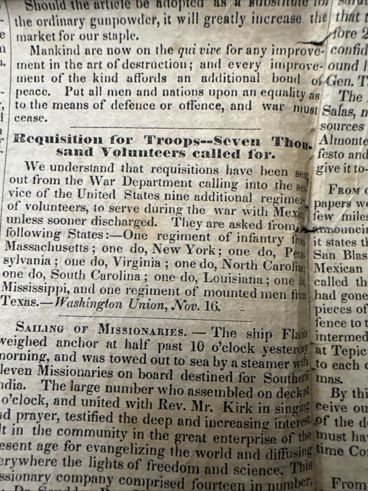 1846 NEWSPAPER Windam County Democrat MON NOV 23 Brattleboro Vt THOMAS H BENTON