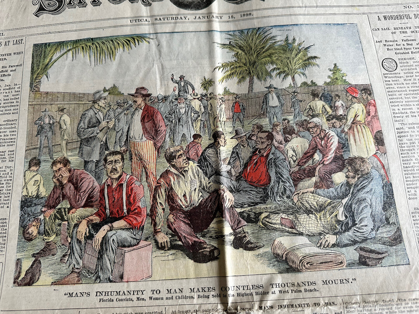 The Utica Saturday Globe Jan. 15 1898 Man’s Inhumanity To Man Slavery Engraving