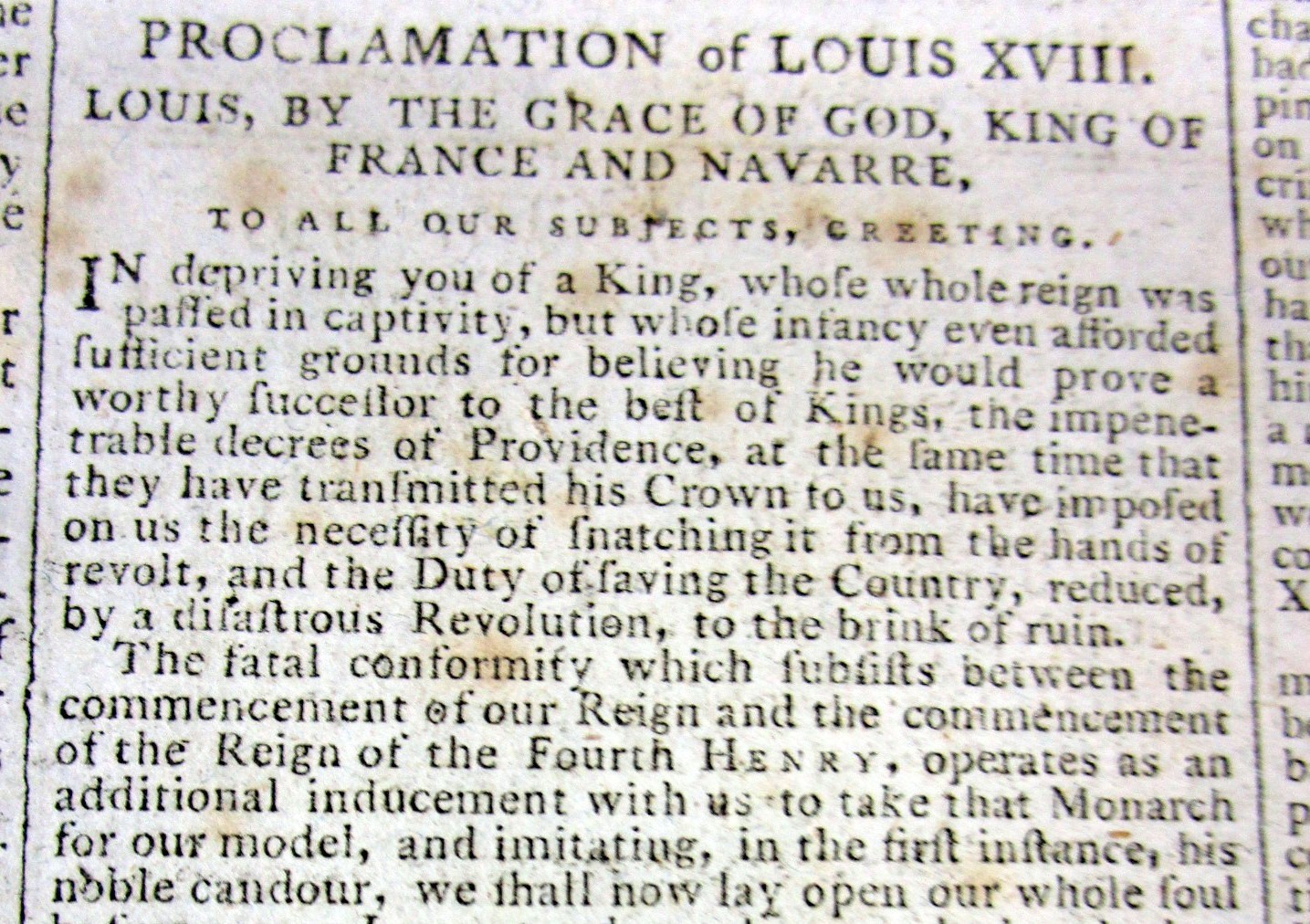 1795 newspaper PROCLAMATION of KING LOUIS to the people of REVOLUTIONARY FRANCE