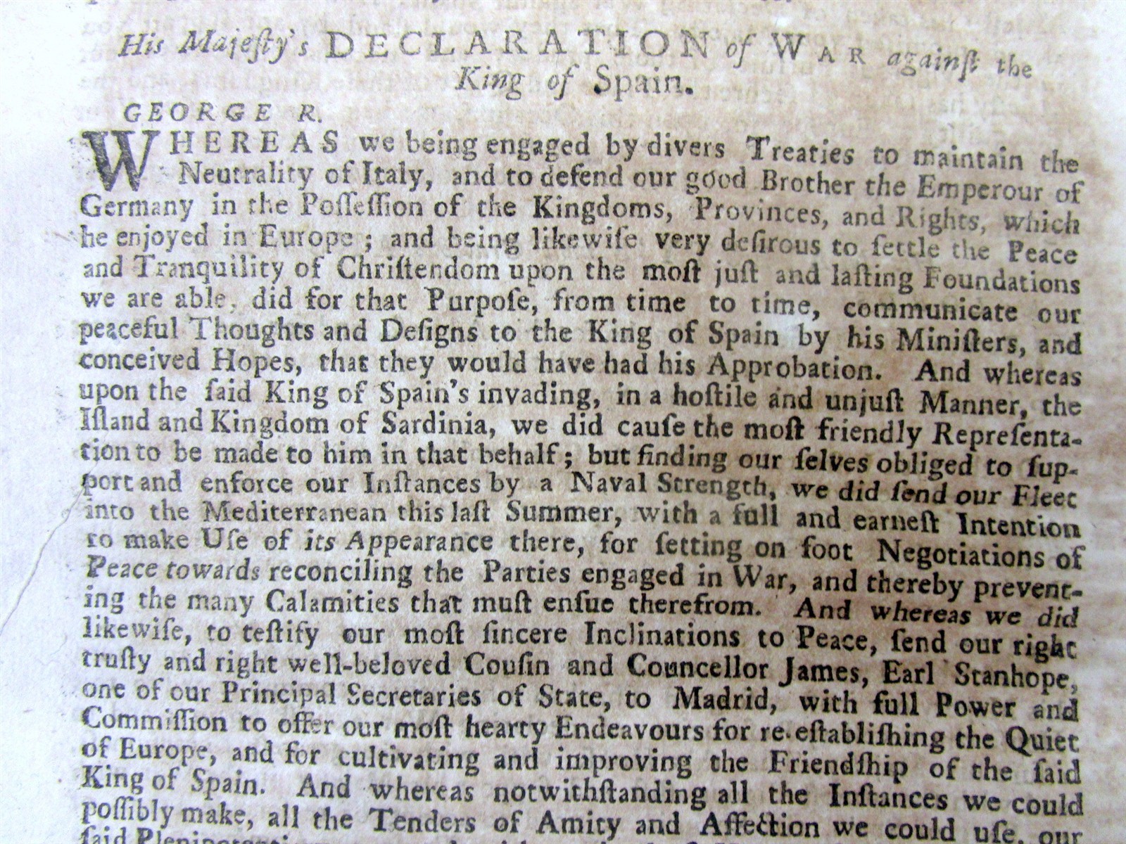 1718 newspaper / news book ENGLAND & FRANCE DECLARE WAR on SPAIN – War in EUROPE
