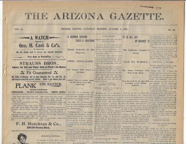 Newspapers, Arizona Gazette, Arizona Territory, Phoenix, Organic Act,