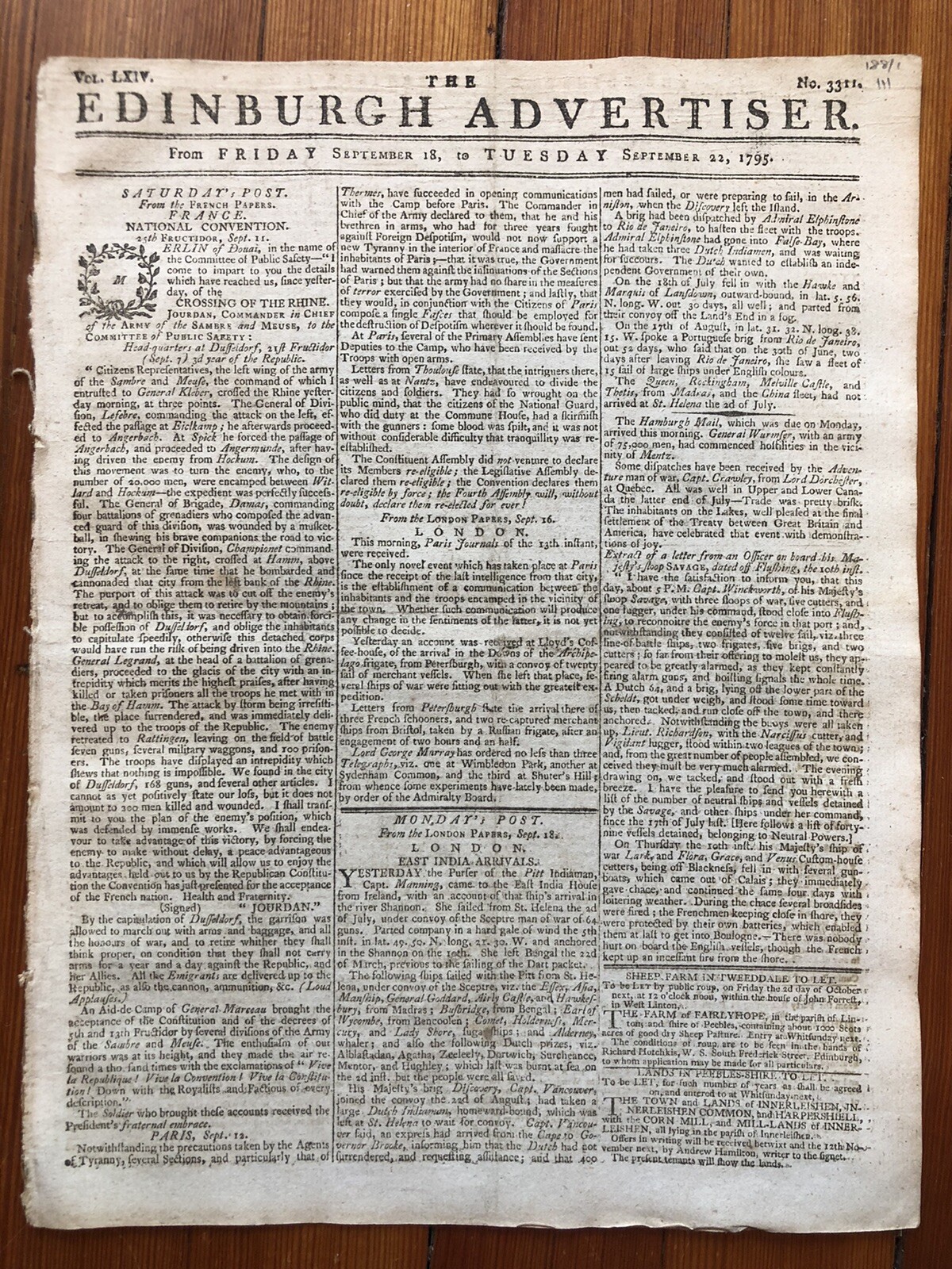 1795 newspaper KING GEORGE III of ENGLAND DECLARES WAR on NETHERLANDS Holland