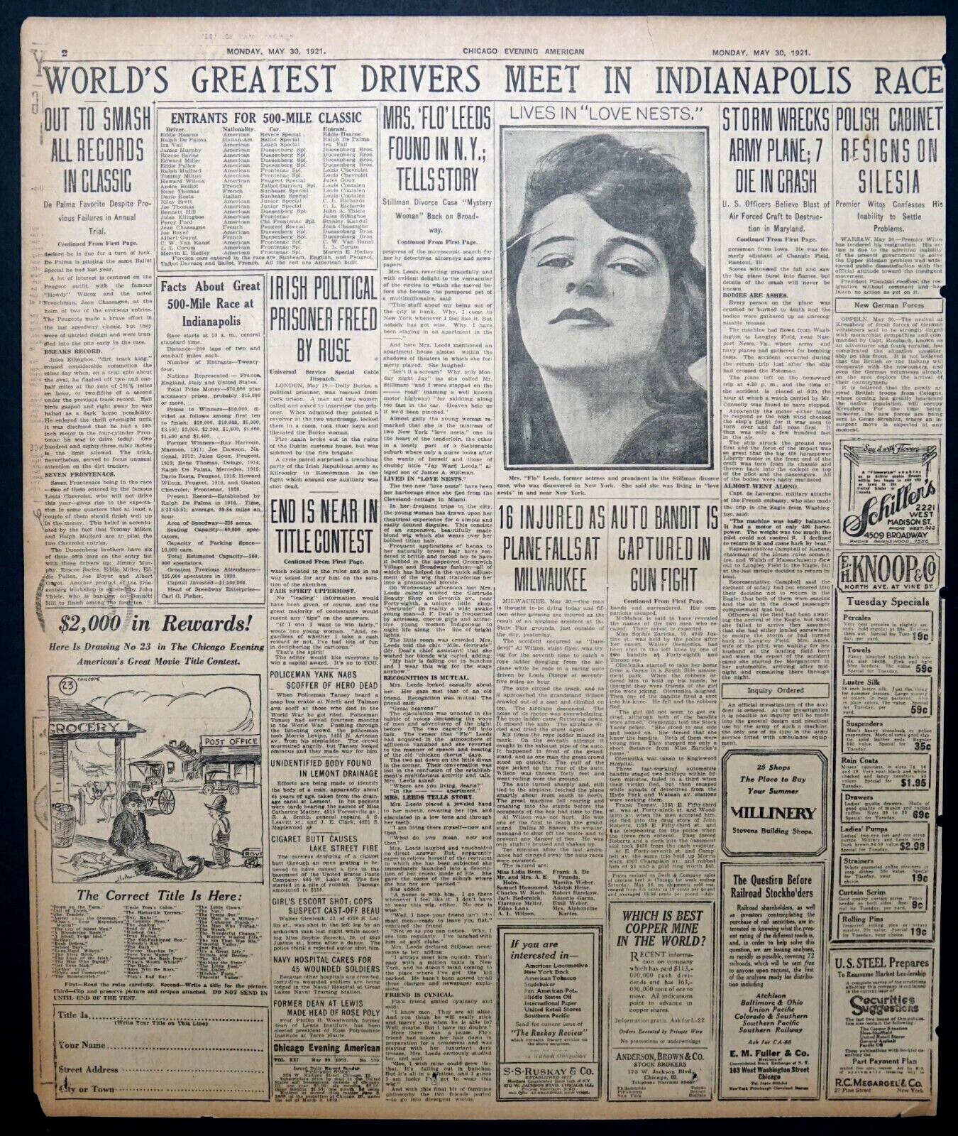 1921 Newspaper Front Page – World’s Famous Auto Drivers at Indianapolis 500 Race