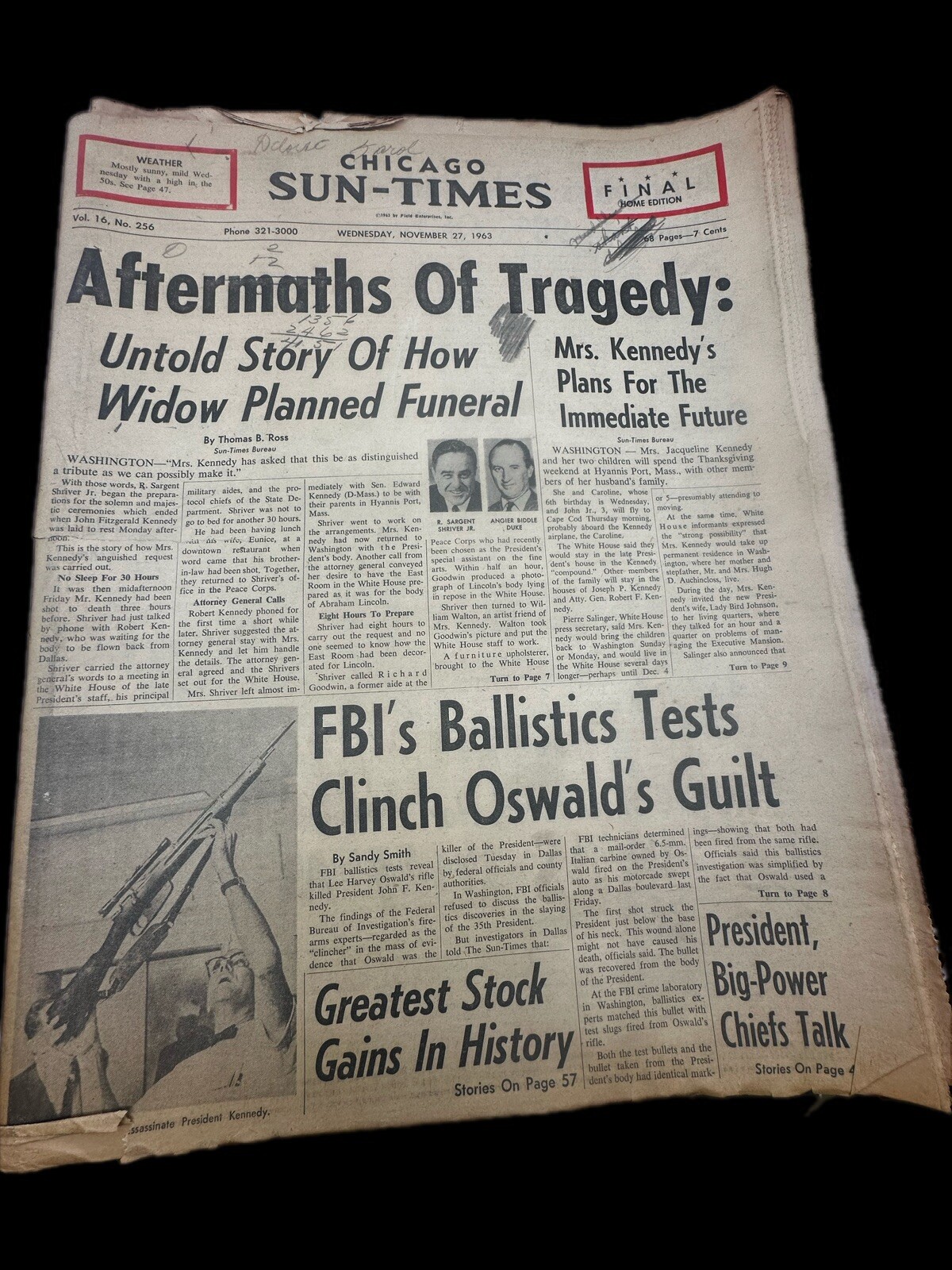 Chicago Sun-Times 11/27/1963 – JFK Funeral & Gun Used in Assassination