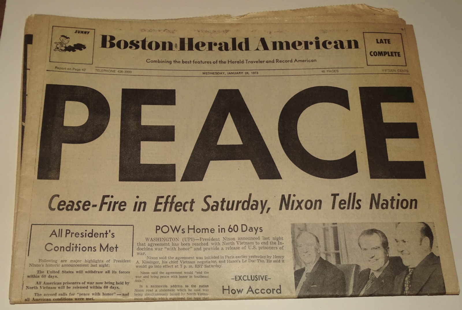END OF VIETNAM WAR – PEACE – January 24, 1973 Boston Herald (just first section)