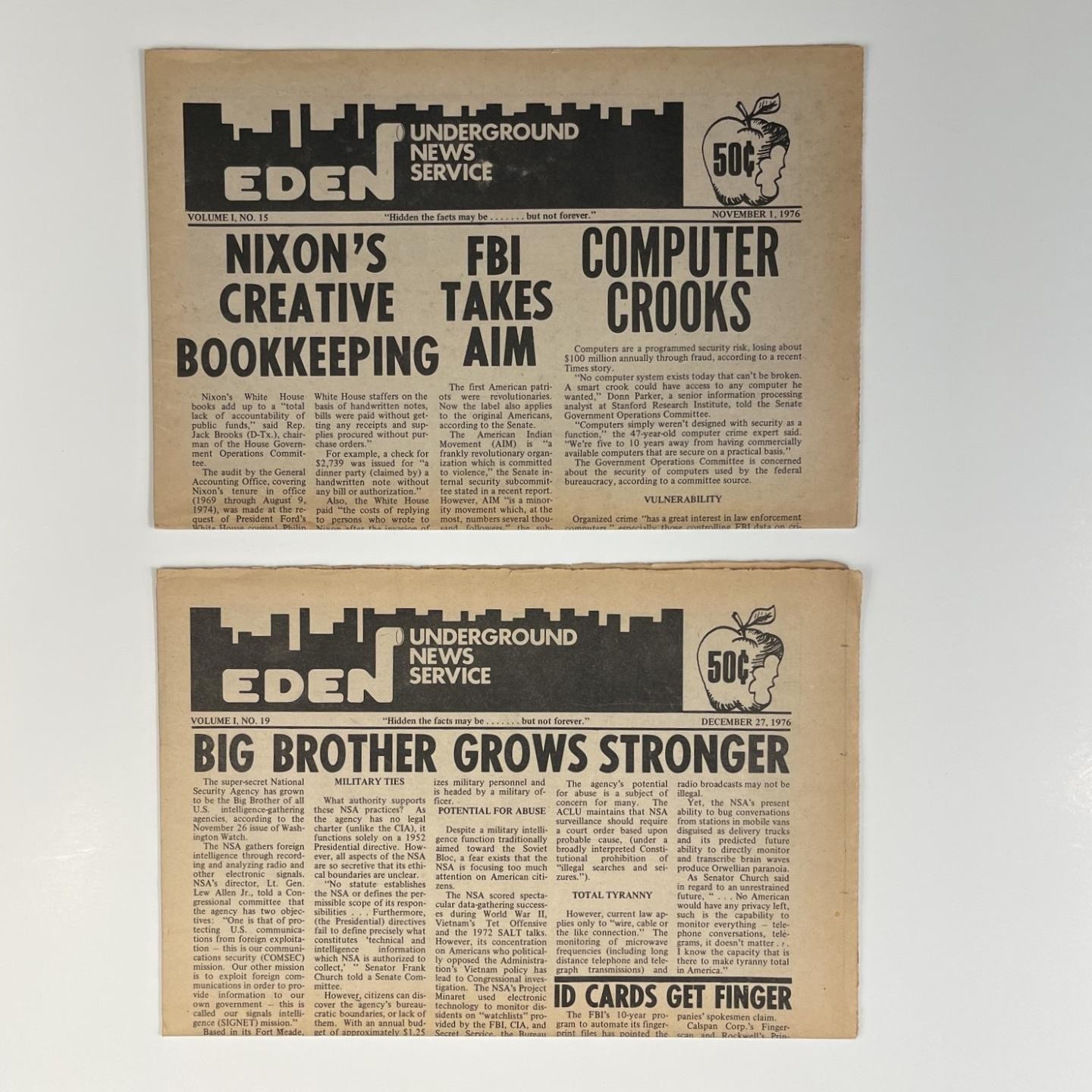 EDEN UNDERGROUND NEWS SERVICE 1976 14 Issues Barry Reid Lost Leftist Newspaper