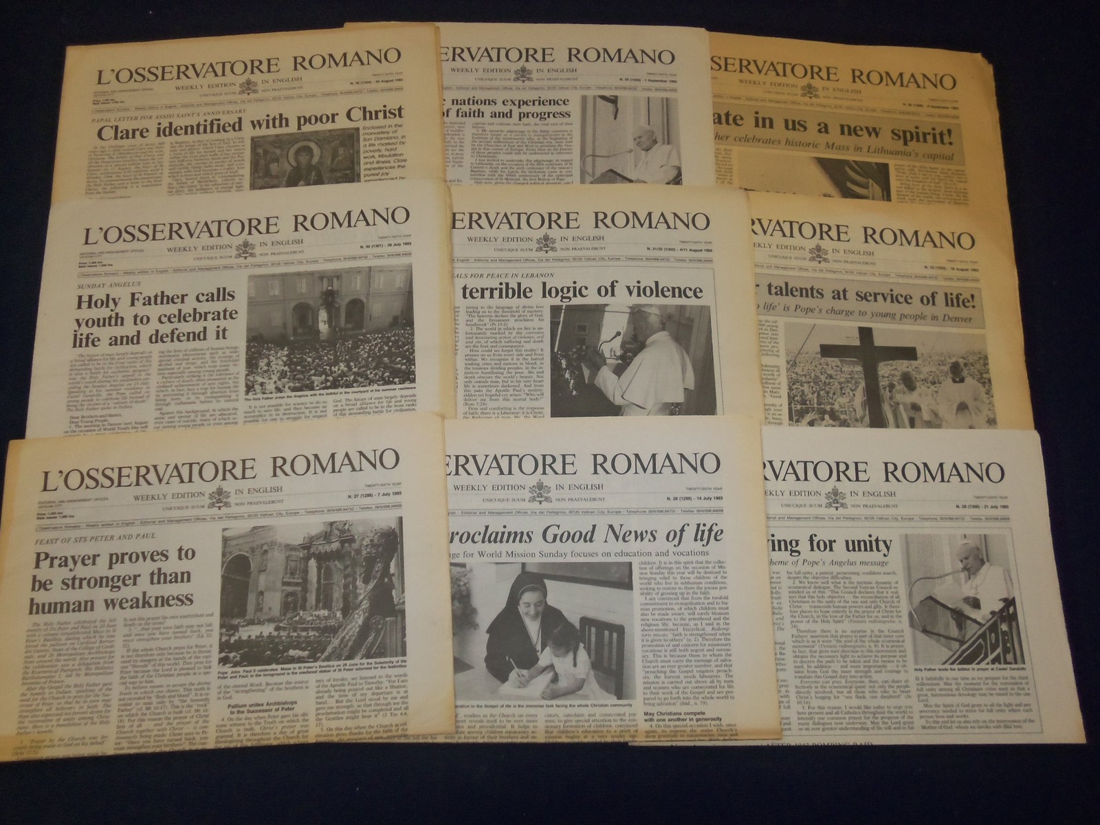 1993 L’OSSERVATORE ROMANO WEEKLY EDITION NEWSPAPER LOT OF 50 COMPLETE – O 2443