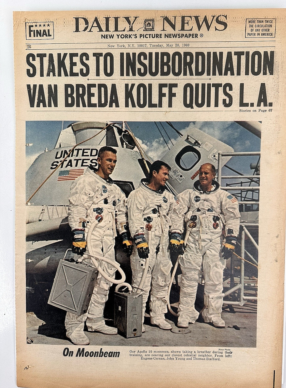 VTG May 20 1969 NY DAILY NEWS HEADLINE Apollo 10 Color Front & Back