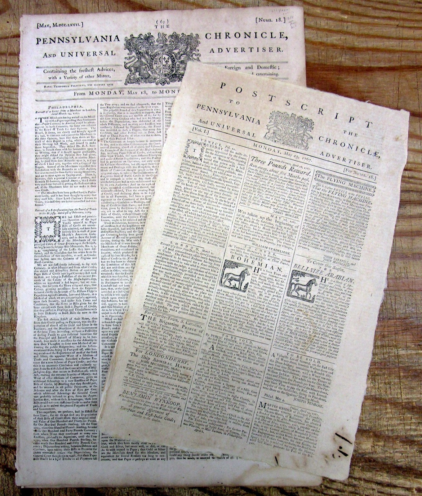 1767 Colonial PHILADELPHIA newspaper & extra WILLIAM PENN founding PENNSYLVANIA