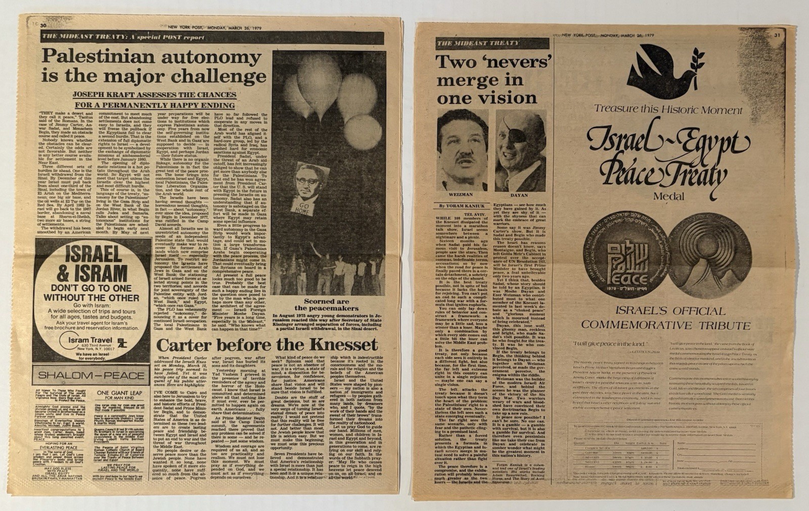 MARCH 26, 1979 NEW YORK POST EGYPT ISRAEL PEACE TREATY SPECIAL SECTION