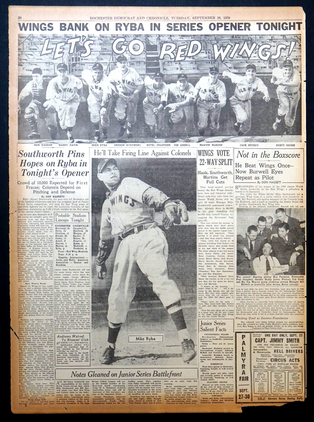 1939 Rochester, New York Sports Page – Red Wings vs Louisville in Junior Classic