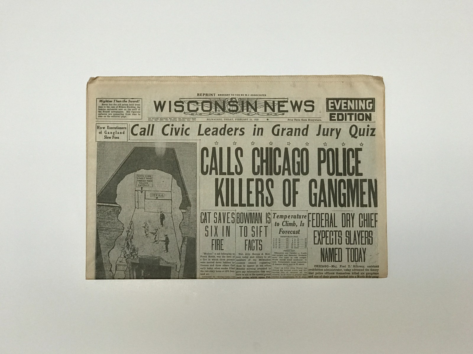 NEWSPAPER REPRINT – 1929 – Saint Valentine’s Day Massacre